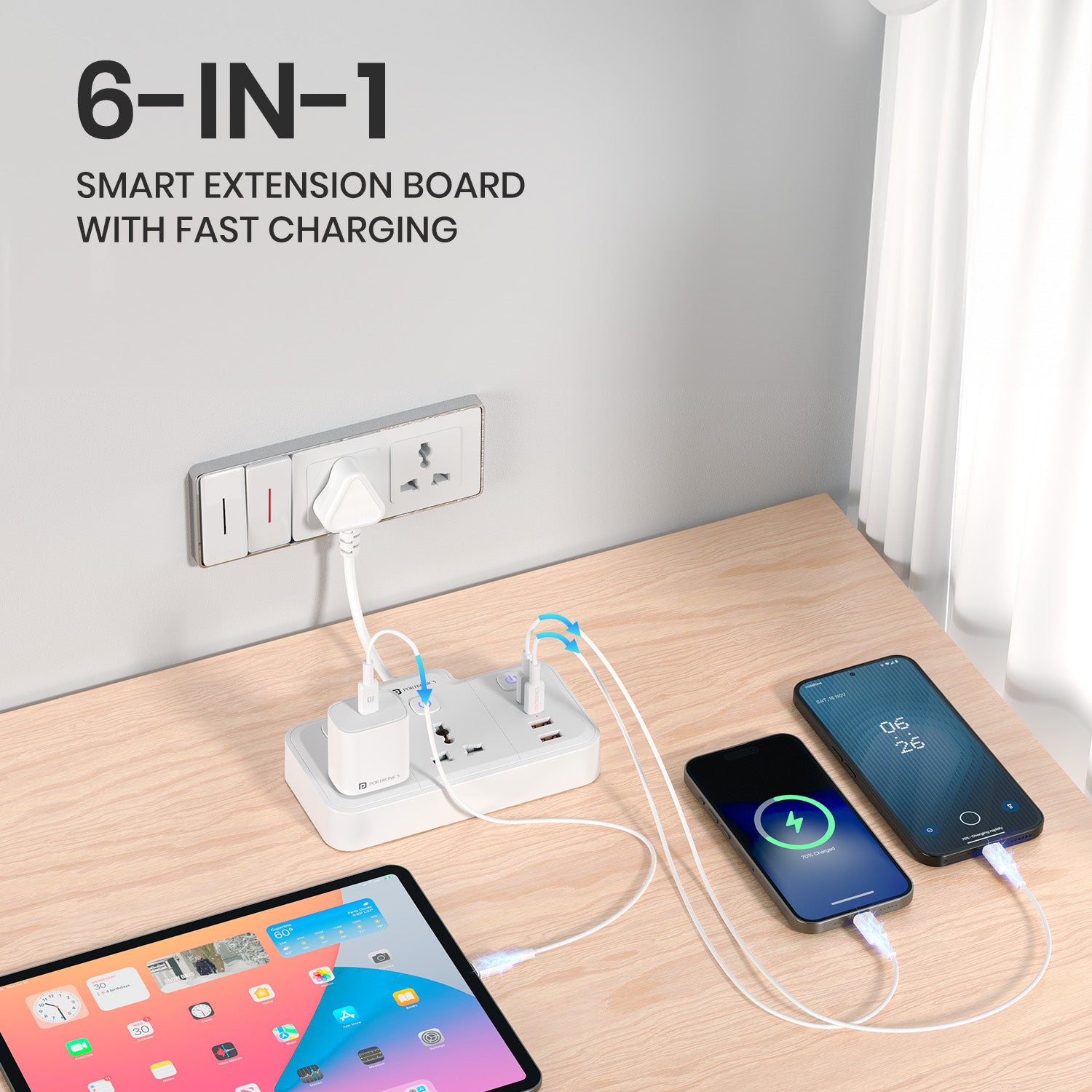 portronics power plate plus | 6-in-1 power extension board with 3 ac sockets & 4 usb fast charger ports | power plate plus, extension board with usb, power socket extension, multi port usb charger