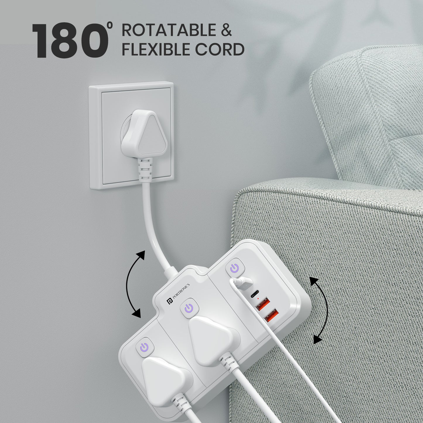 portronics power plate plus | multi port portable power extender with 180° rotatable cord | power extender, portable power extension, power socket extension, multi port charger