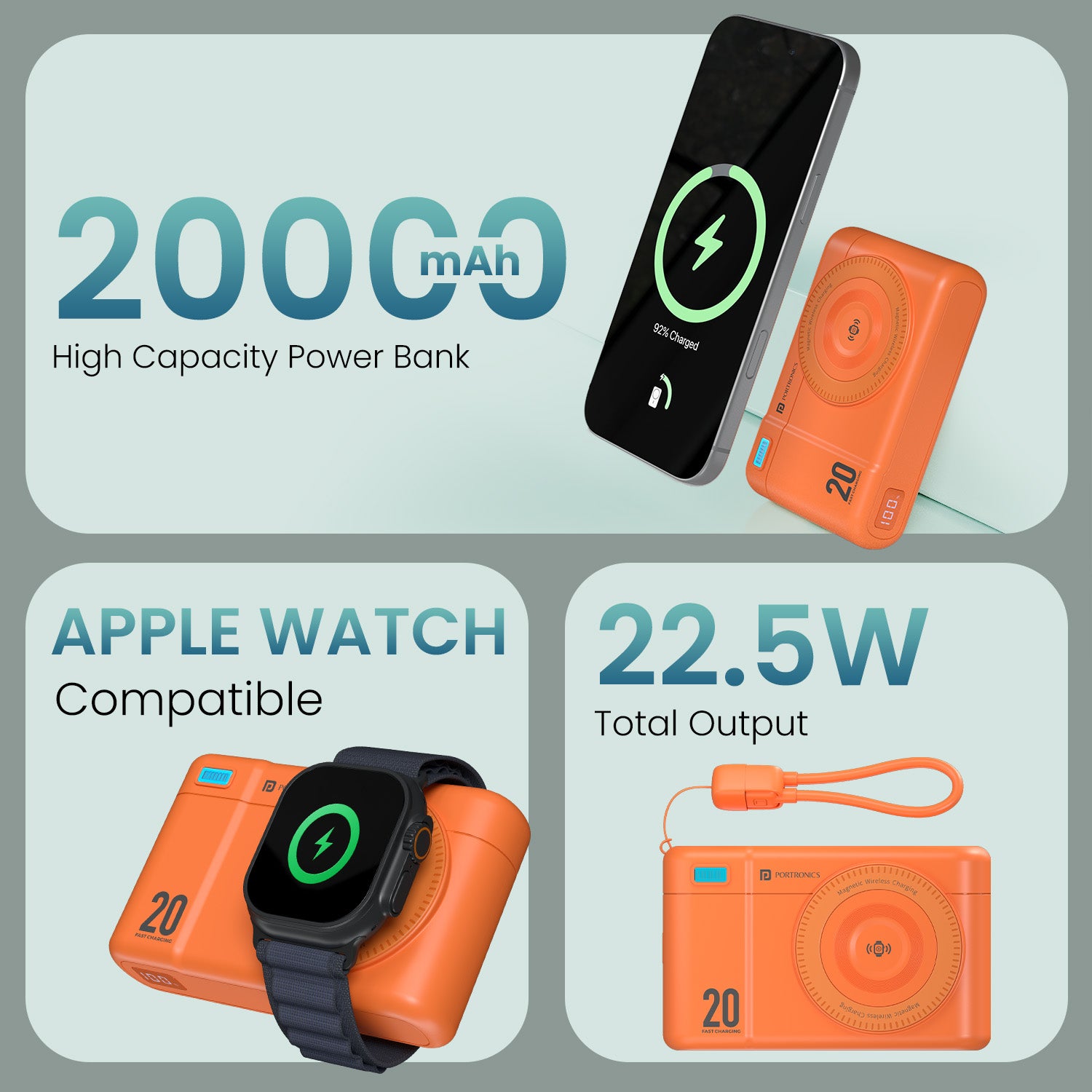 Orange portronics power shutter air 20k high capacity power bank | total output power delivery capability type c pd power bank | weekend camping power source power bank for apple watch | 20000mah magnetic power bank for dual charging