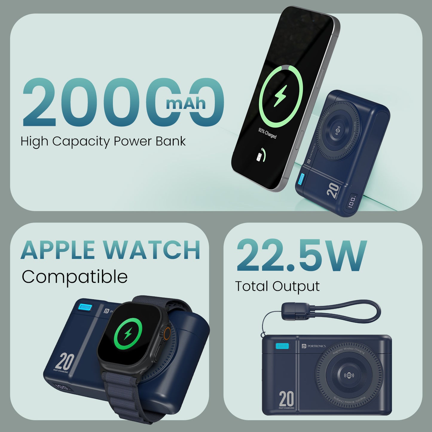 Blue portronics power shutter air 20k 20000mah power bank | high density battery cells fast recharging 20w pd power bank | long flight emergency power backup power bank for mobile | 20000mah wireless power bank for long journeys