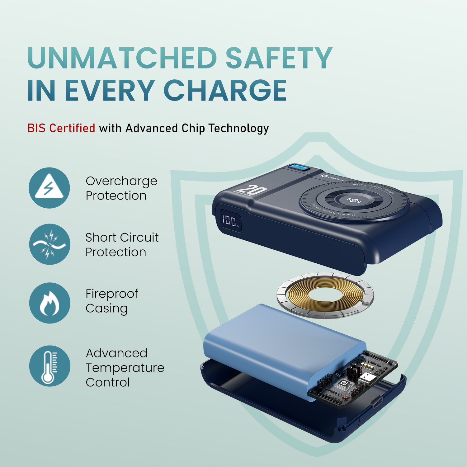 Blue portronics power shutter air 20k durable power bank | overtemperature and short circuit defense powerbank | safe airline cabin carry travel power bank for student | best powerbank in india with safety certificates