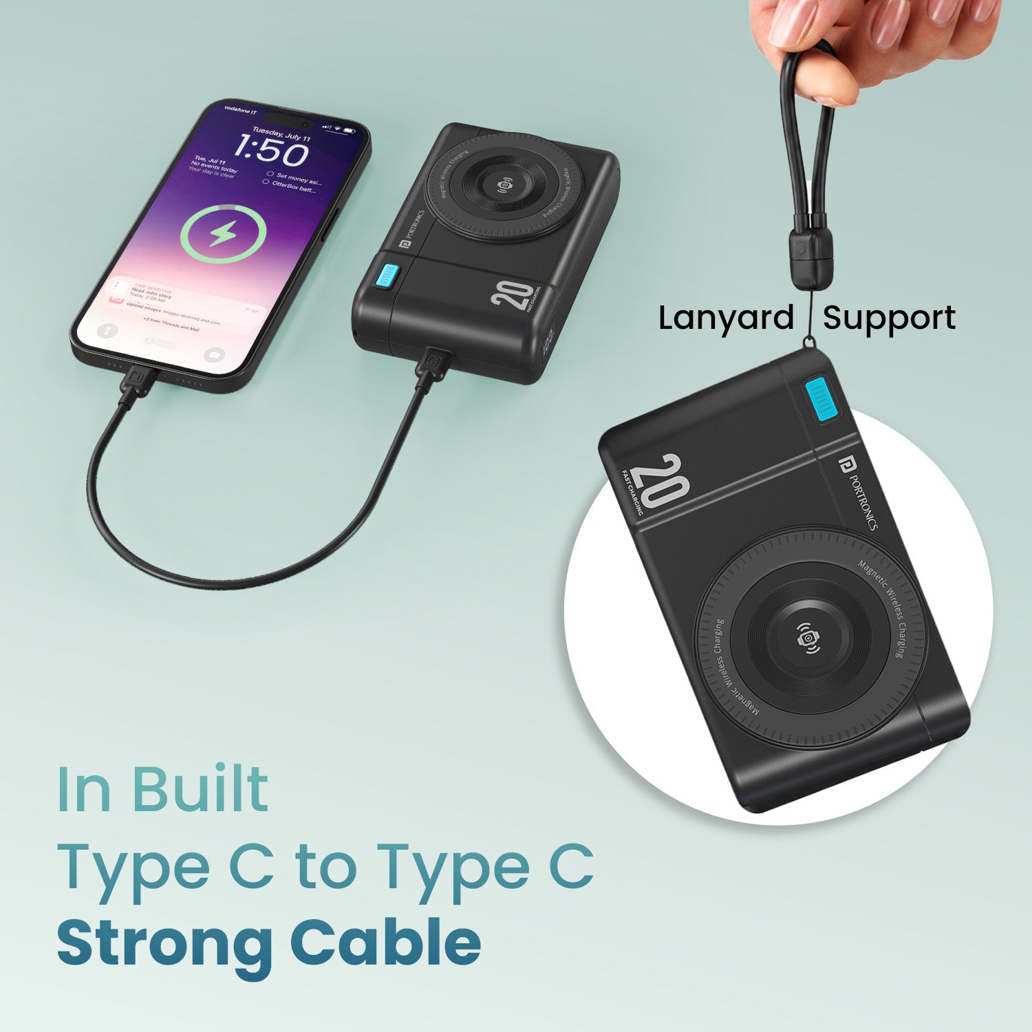 Black portronics power shutter air 20k detachable type c cable power bank | built in type c connection cord portronics slim power bank | clutter free backpack storage power bank for student | magnetic portable charger with lanyard support