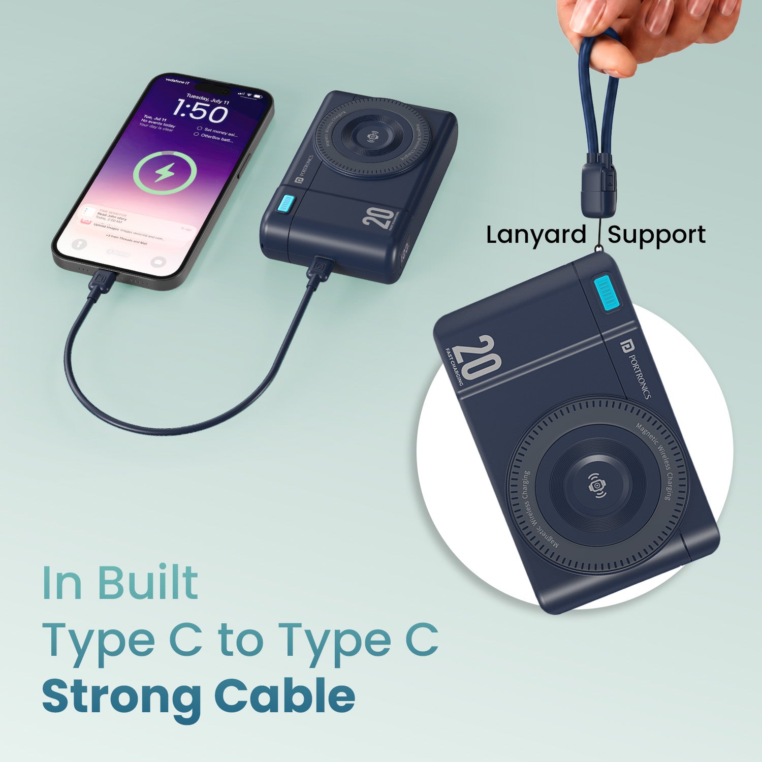 Blue portronics power shutter air 20k power bank with wireless charging | integrated lanyard charging cable combo power bank wireless | hands free carrying while walking iphone power bank | detachable type c cable power bank for smart devices
