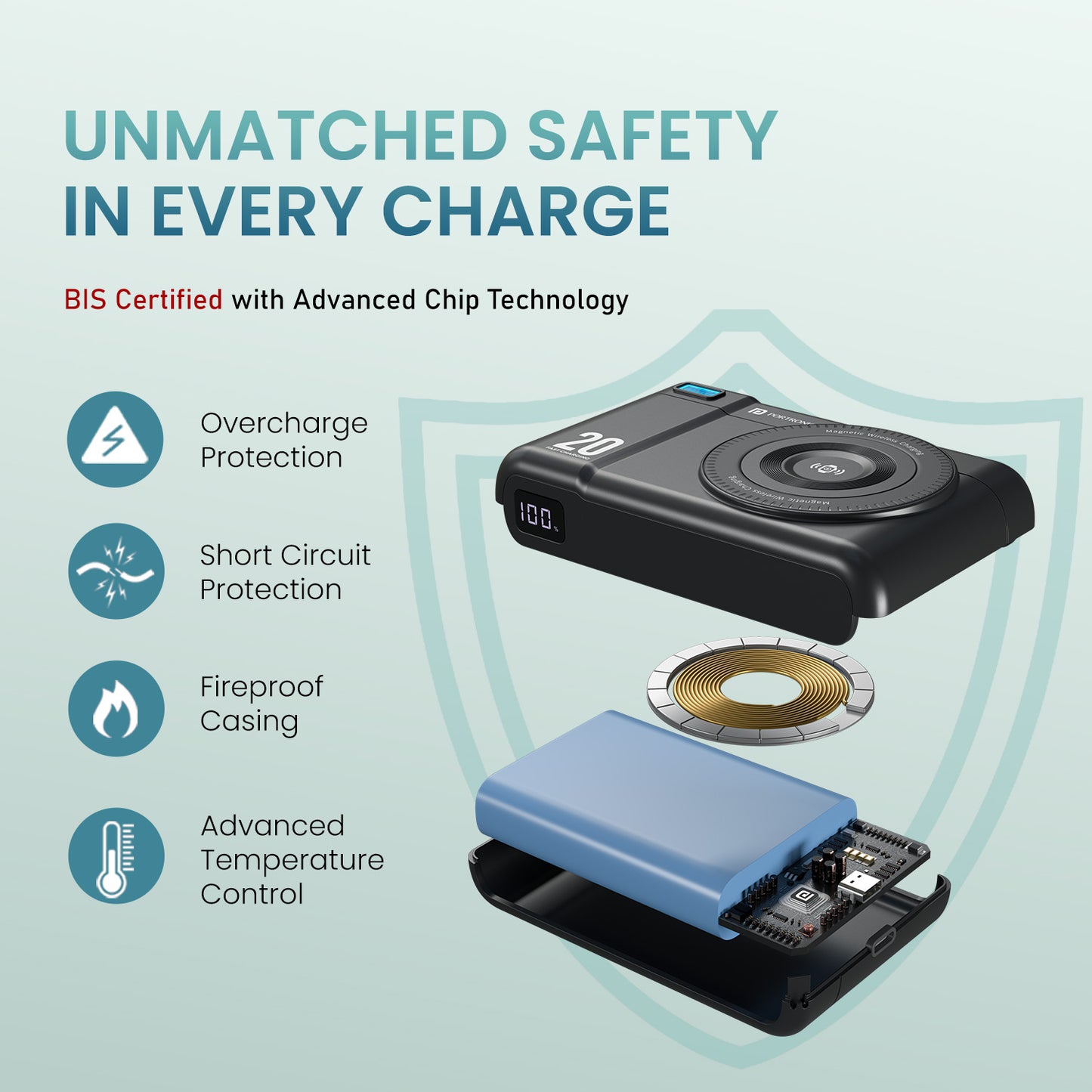 Black portronics power shutter air 20k fast charging power bank | multi layer electronic protection circuits durable power bank | safe overnight device charging rechargeable power bank | best powerbank with advanced safety chip