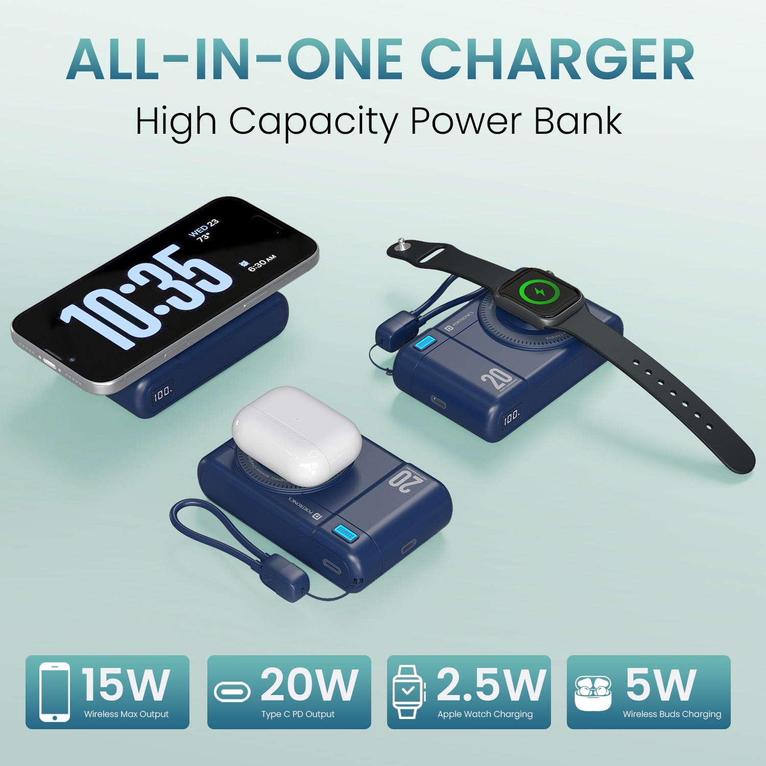 Blue portronics power shutter air 20k magsafe power bank | wireless charging coils multiple outputs power bank wireless | bedside table night charging station apple watch power bank | best wireless power bank for multi device setups
