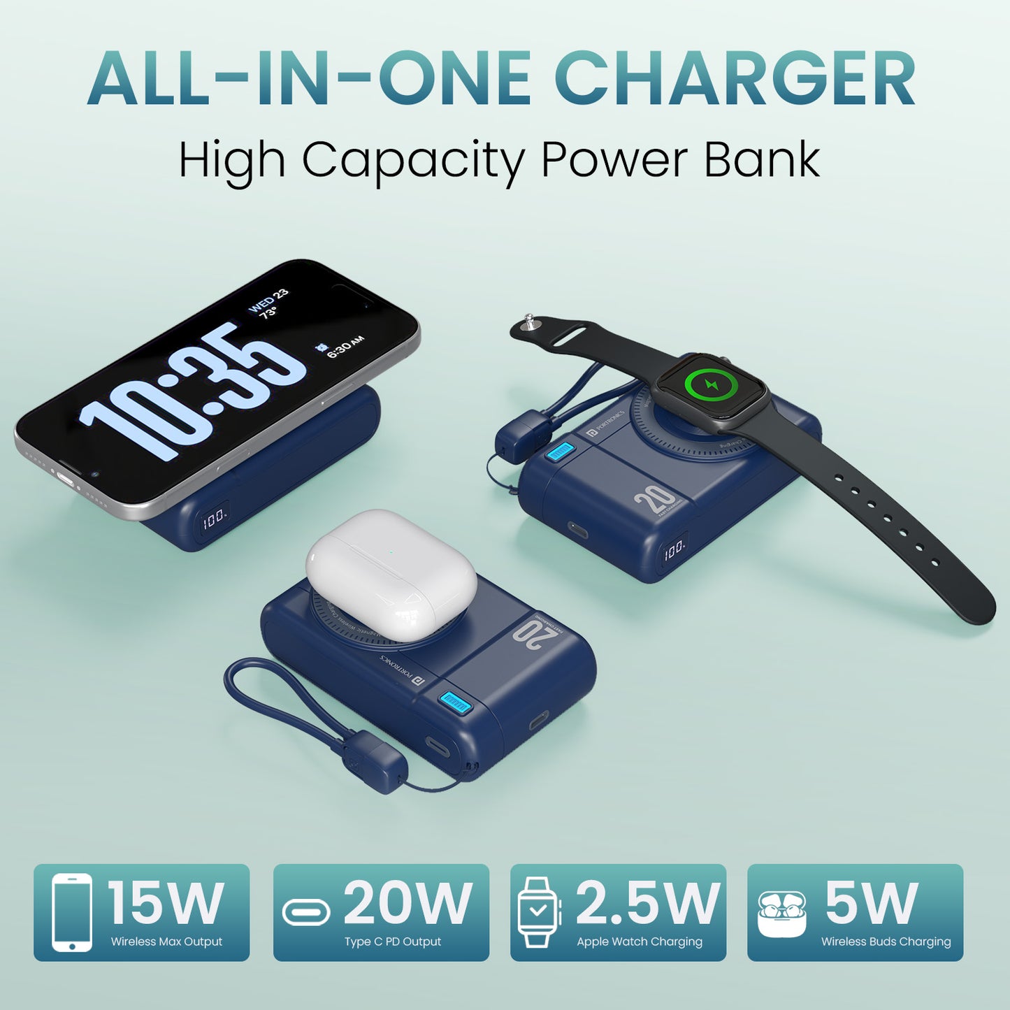 Blue portronics power shutter air 20k magsafe power bank | wireless charging coils multiple outputs power bank wireless | bedside table night charging station apple watch power bank | best wireless power bank for multi device setups