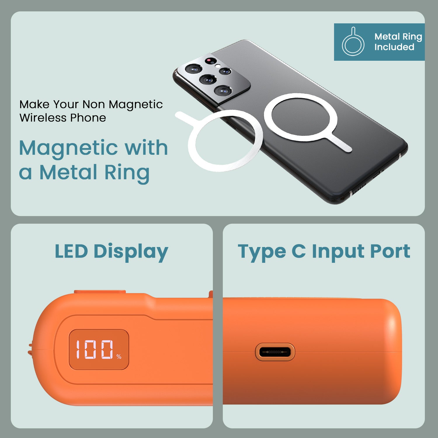 Orange portronics power shutter air 20k 20w power bank | metal ring attachment option for android devices power bank for google pixel | office desk battery monitoring magnetic power bank | magnetic power bank with dual outputs