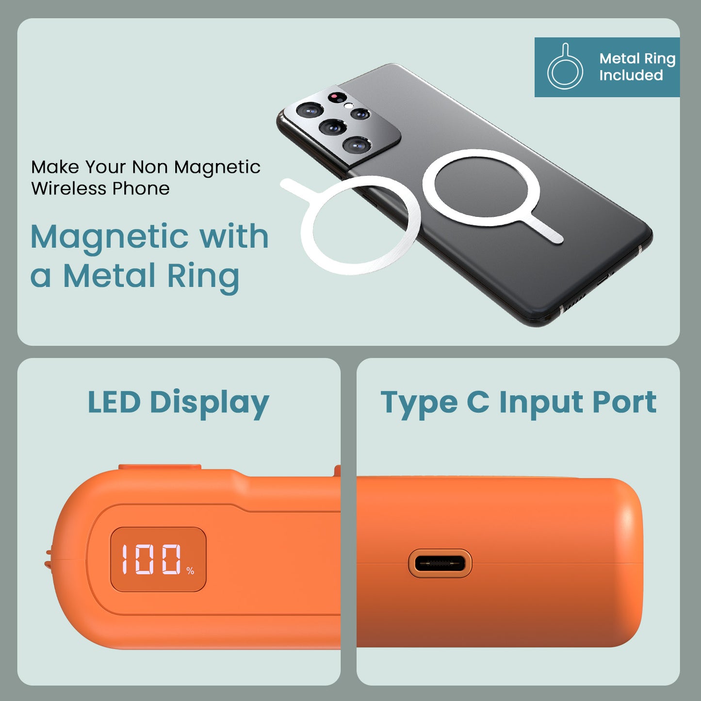 Orange portronics power shutter air 20k 20w power bank | metal ring attachment option for android devices power bank for google pixel | office desk battery monitoring magnetic power bank | magnetic power bank with dual outputs