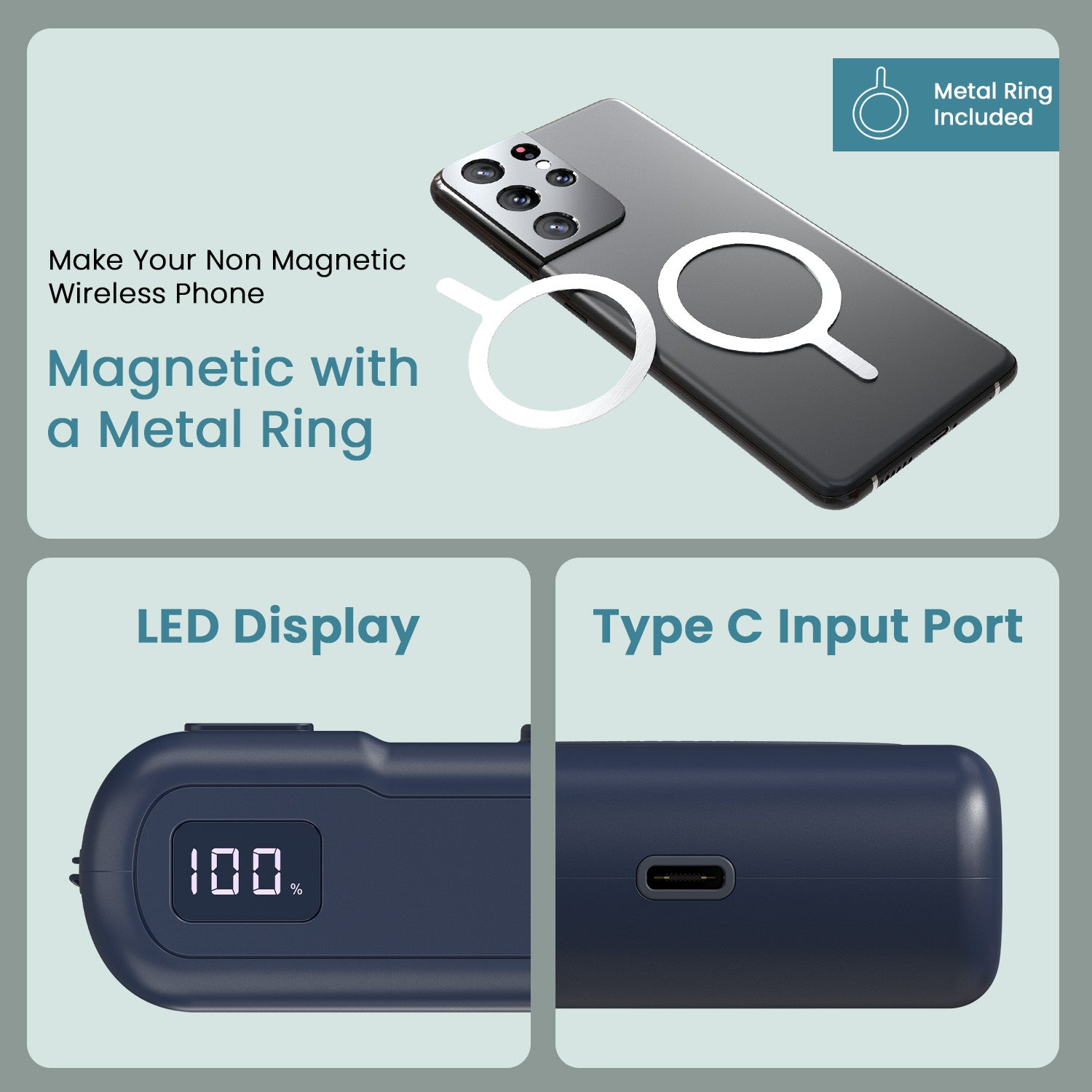 Blue portronics power shutter air 20k power bank with type c charging | metal ring accessory for non magsafe phones type c pd power bank | precise battery tracking for work power bank with type c charging | magnetic wireless power bank with led indicator