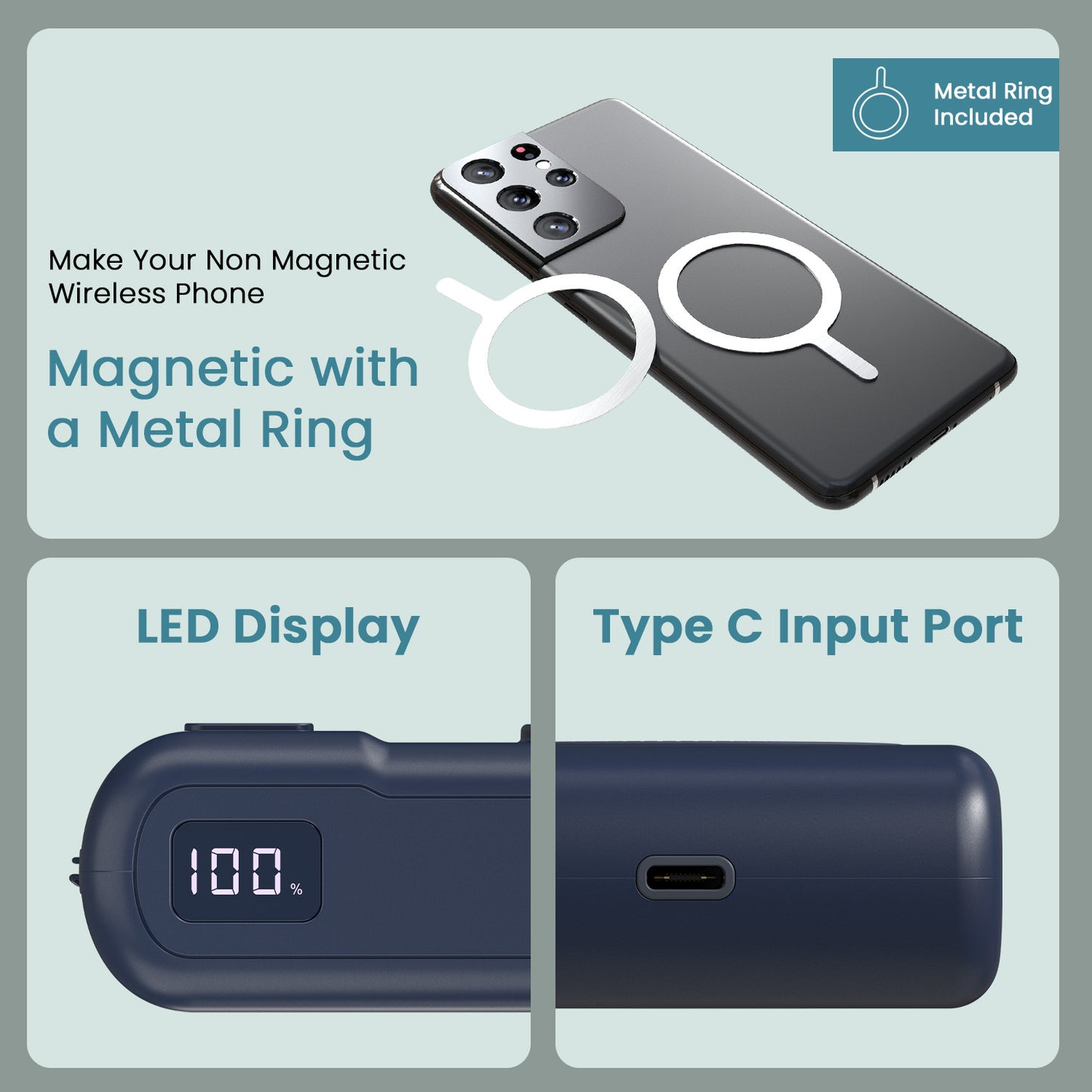 Blue portronics power shutter air 20k power bank with type c charging | metal ring accessory for non magsafe phones type c pd power bank | precise battery tracking for work power bank with type c charging | magnetic wireless power bank with led indicator