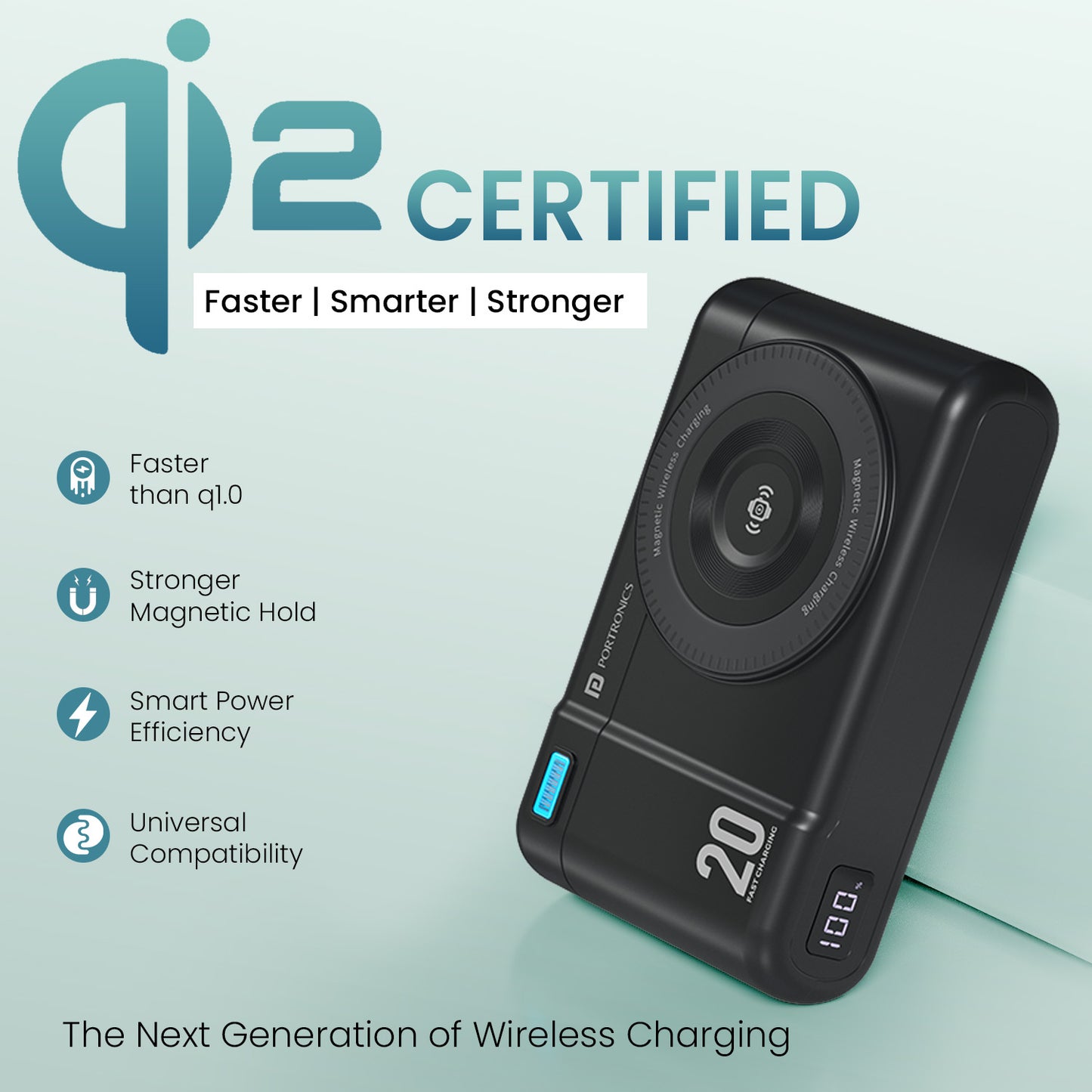 Black portronics power shutter air 20k qi2 wireless power bank | qi2 official wireless certification standard 15w wireless power bank | efficient heating reduction charging power bank for travel | qi2 magnetic power bank with fast charging