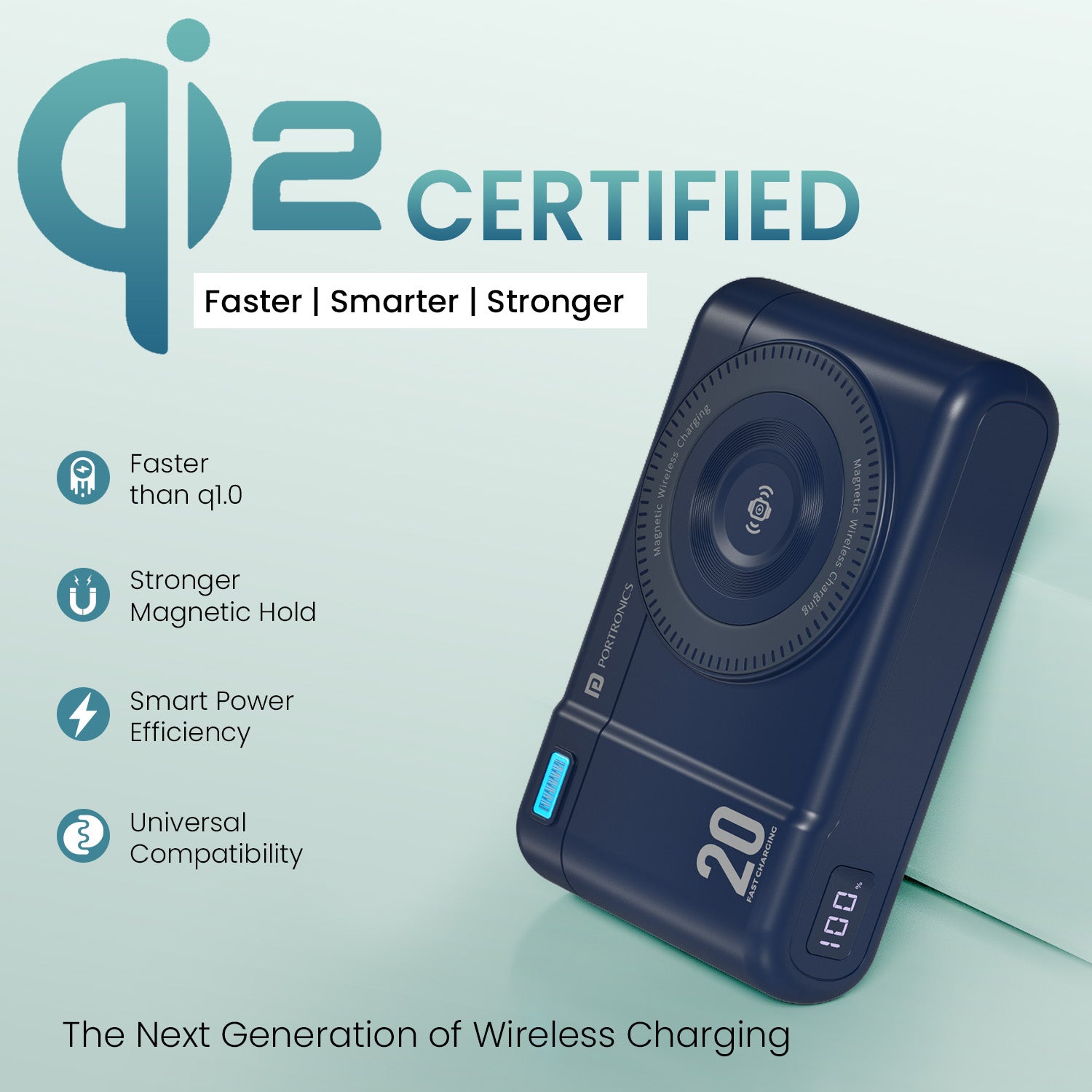 Blue portronics power shutter air 20k qi2 magnetic power bank | advanced wireless charging transmission rate qi2 power bank | quick power boost during meetings portable wireless charger | qi2 wireless power bank with smart thermal control