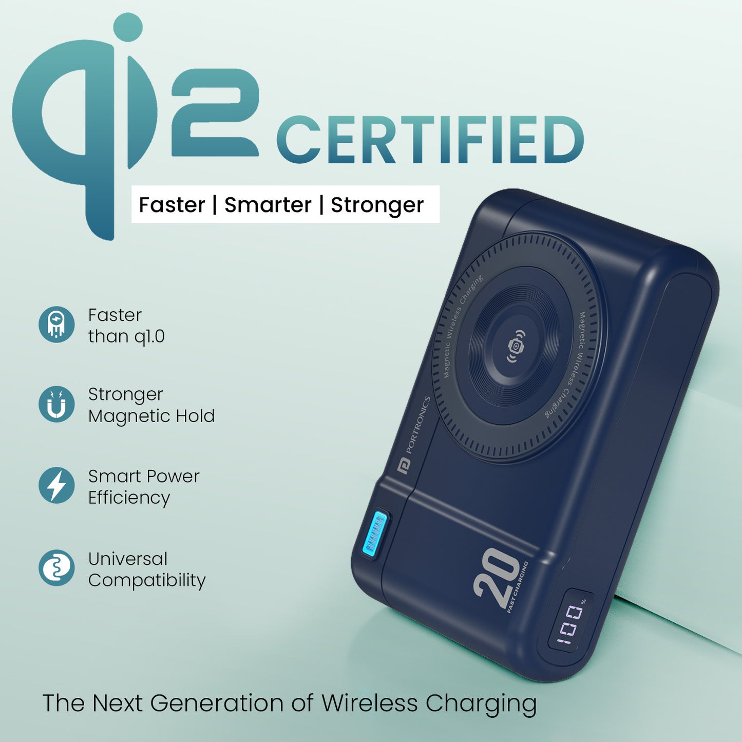 Blue portronics power shutter air 20k qi2 magnetic power bank | advanced wireless charging transmission rate qi2 power bank | quick power boost during meetings portable wireless charger | qi2 wireless power bank with smart thermal control