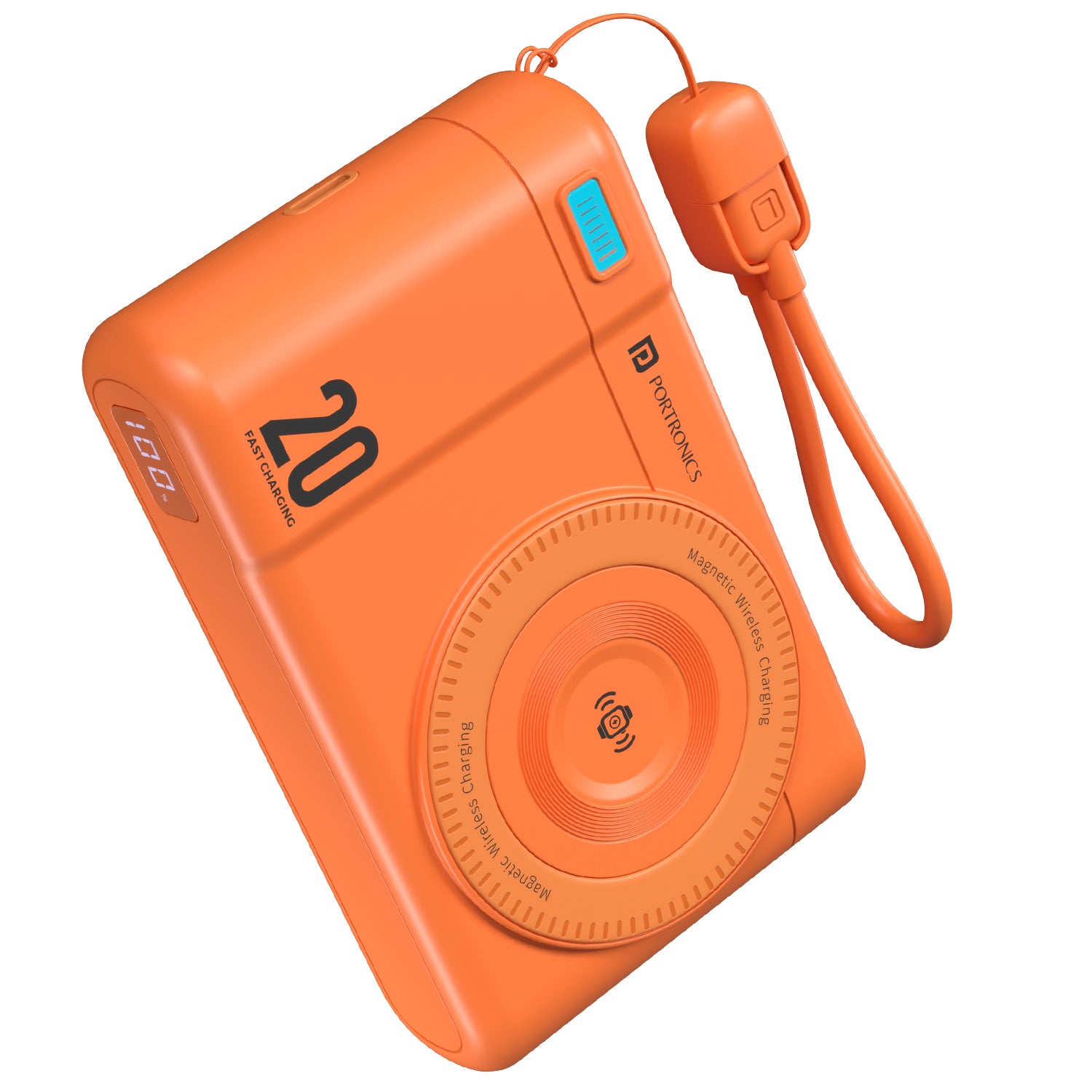 Orange portronics power shutter air 20k smallest power bank | compact portable design lanyard holder mini power bank | college campus classroom use power bank for student | mini power bank with lanyard hook