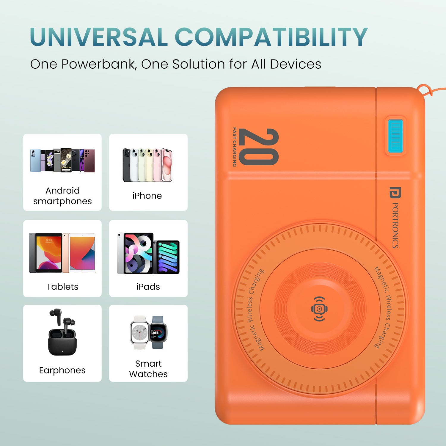 Orange portronics power shutter air 20k portronics slim power bank | removable short type-c cable cord pocket power bank | lightweight travel gear setup apple magsafe power bank | detachable type c cable power bank for quick charge