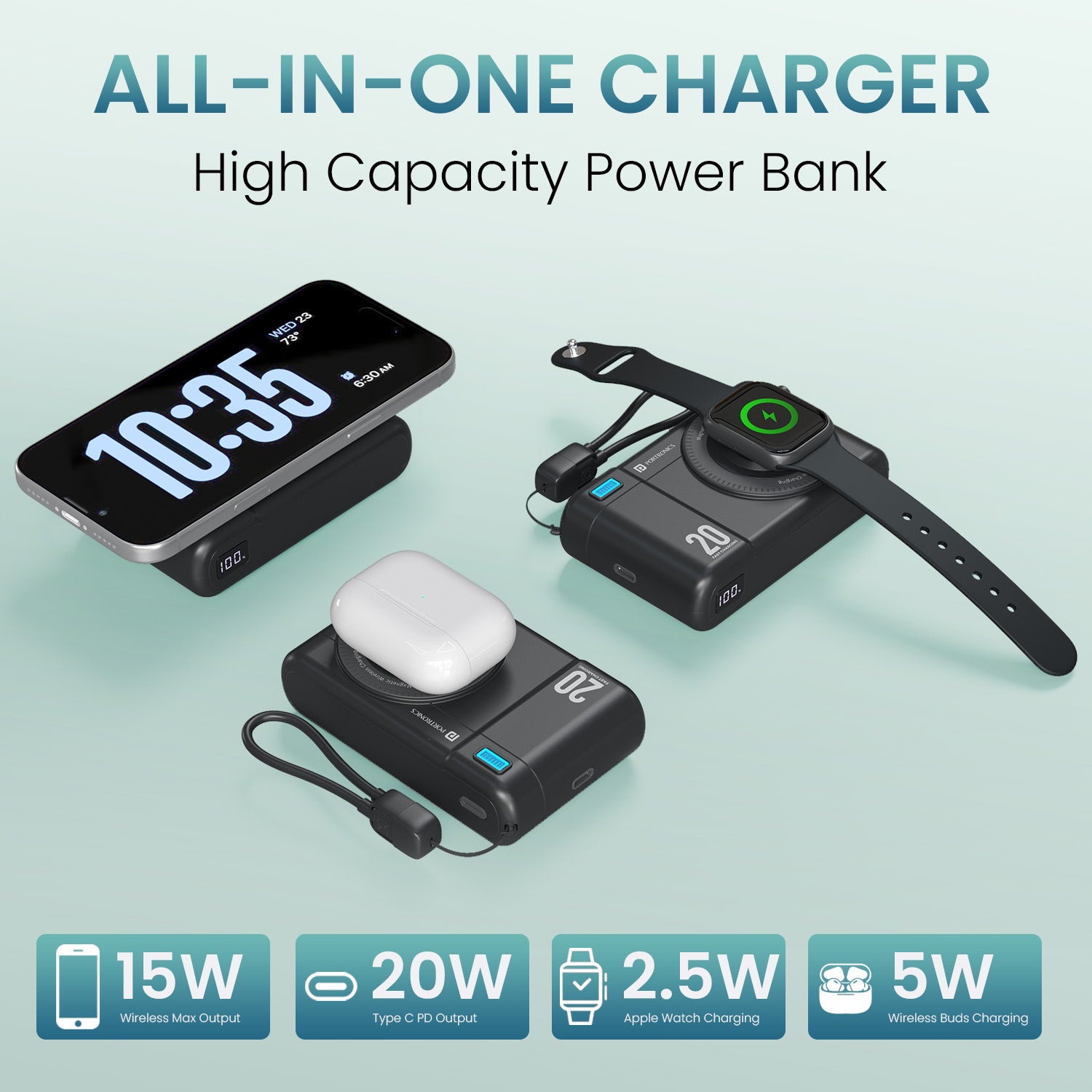 Black portronics power shutter air 20k wireless charging power bank | simultaneous multi device charging support apple watch power bank | desk organization and multitasking power bank for airpods | magnetic portable charger for everyday gadgets