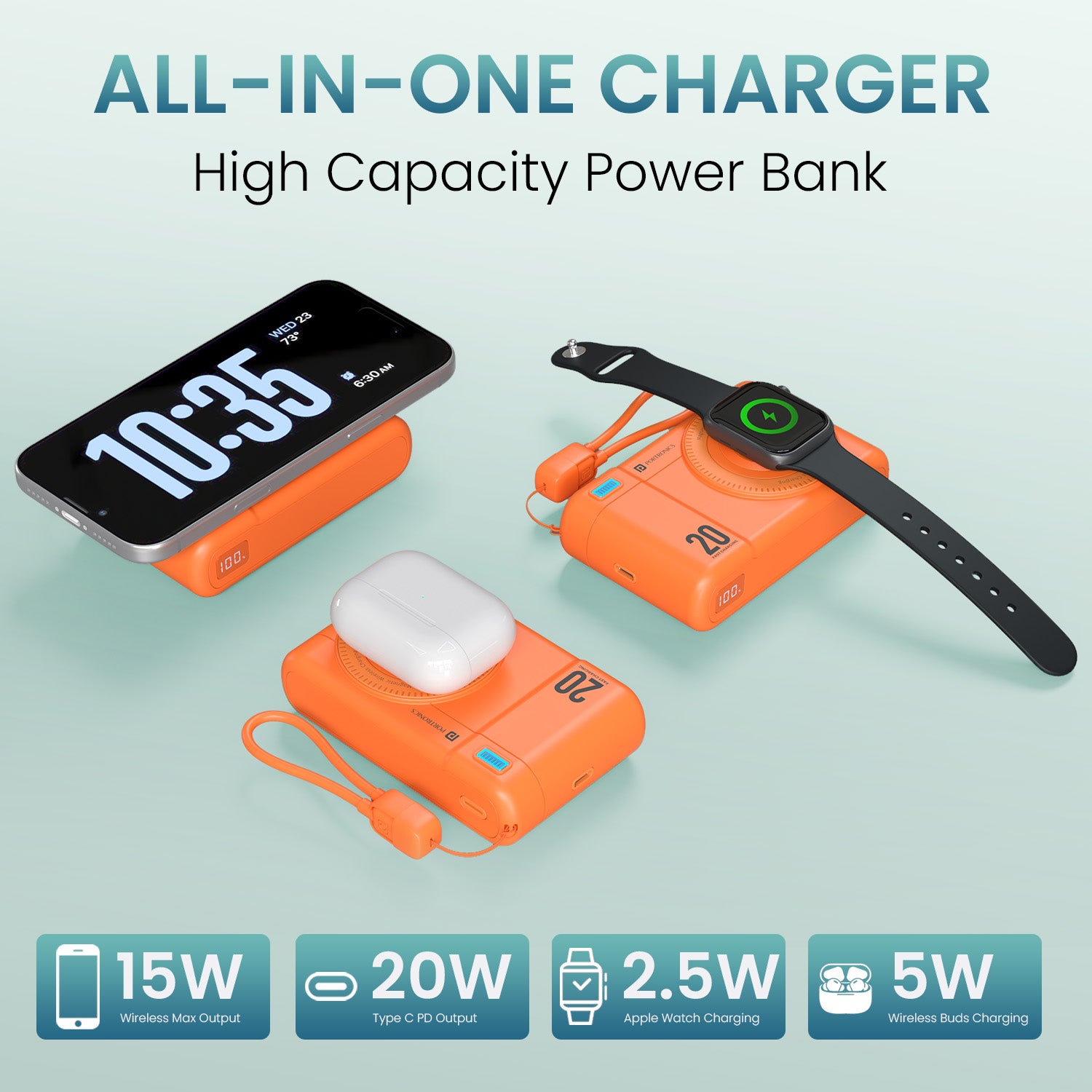 Orange portronics power shutter air 20k wireless powerbank | triple device charging ports combination power bank | content creation and vlogging setups power bank for airpods | best powerbank for mobile and wearable devices