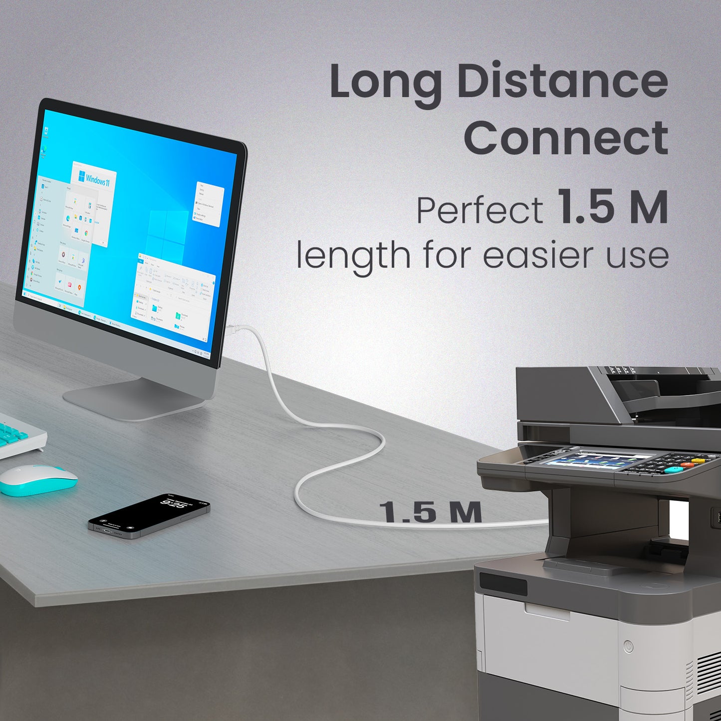 portronics printlink 1.5 printer connection cable | optimal 1.5 meter length to avoid excess cable clutter | usb printer cable for desktop and laptop connectivity