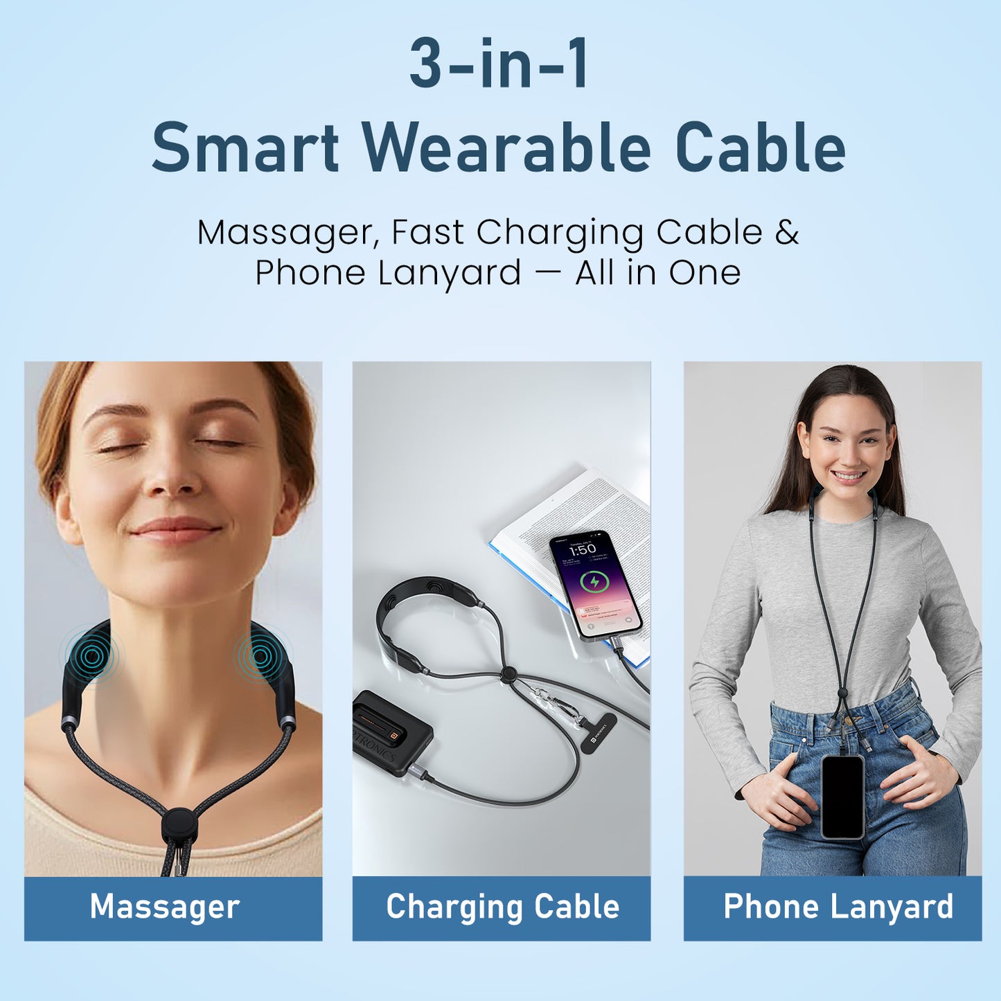 portronics pulse line 3-in-1 smart wearable cable | neck massager neckband | best neck massager with phone lanyard and type-c fast charging in one device