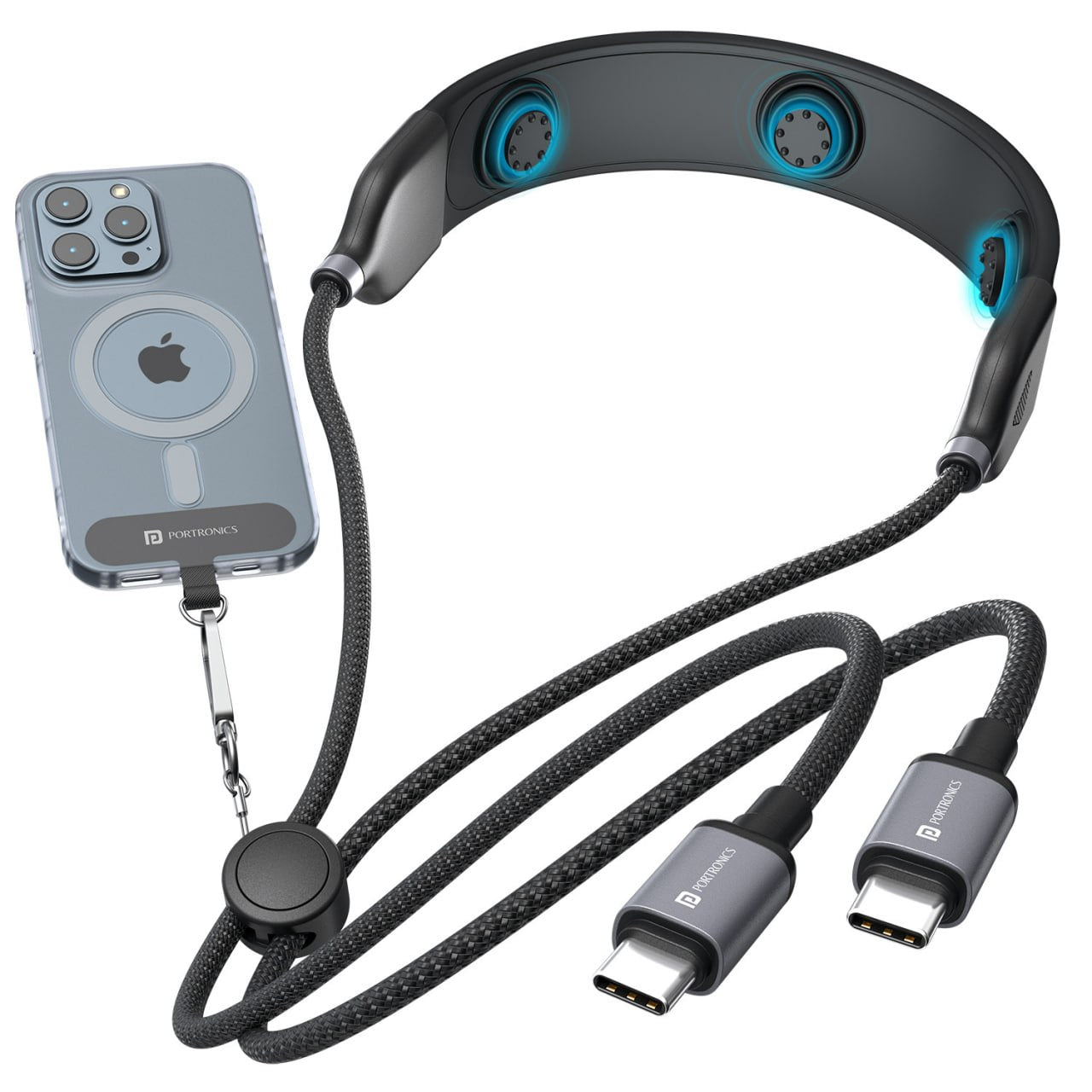 portronics pulse line wearable neck massager | massage cable portable neck massager | 3-in-1 smart wearable design with fast charging cable and phone lanyard
