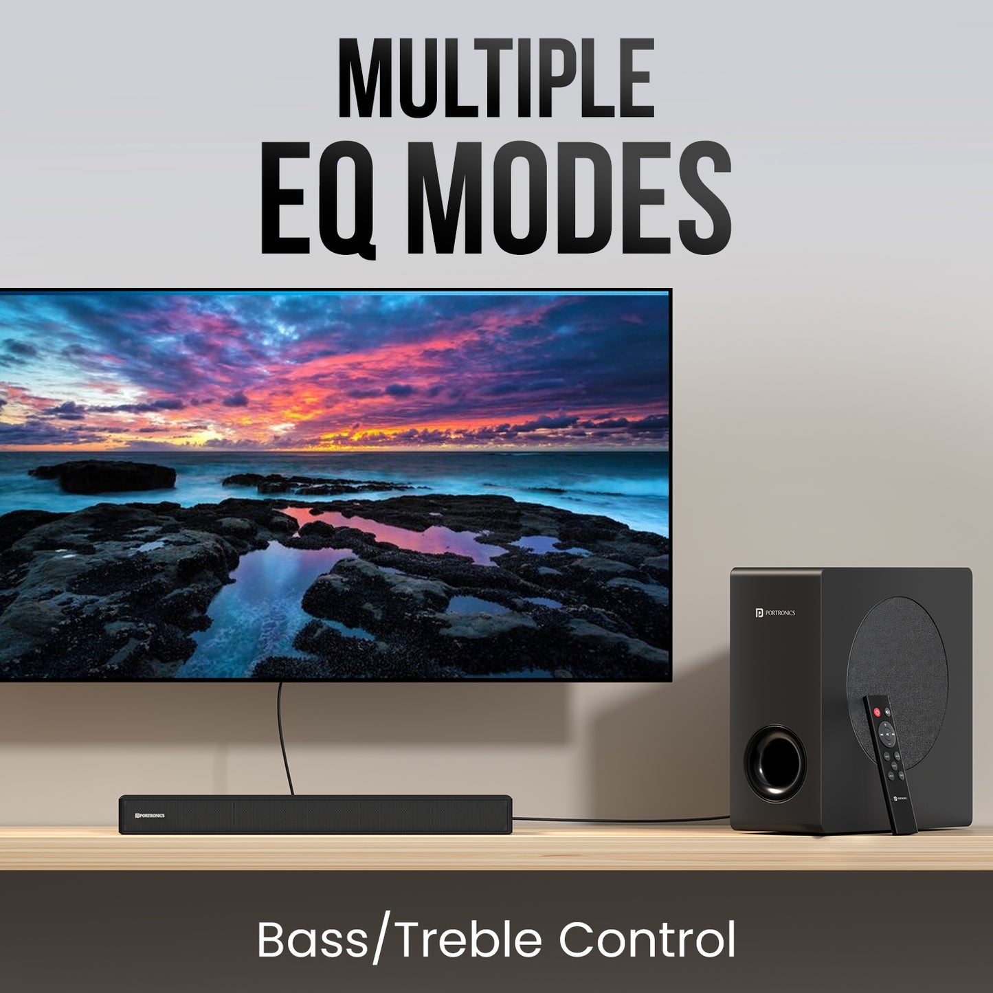 portronics pure sound 110 multiple eq modes | customizable bass and treble equalizer settings soundbar for tv | watching news and sports broadcasts home theatre sound system | hd soundbar with remote control settings
