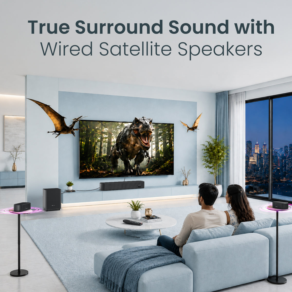portronics pure sound pro x2 satellite speakers | dual dedicated rear satellite speaker units creating realistic directional soundscapes around seating areas | experiencing realistic three dimensional sound effects while enjoying family movie nights on the couch | true 5.1 sound bar system with rear satellite speakers for tv