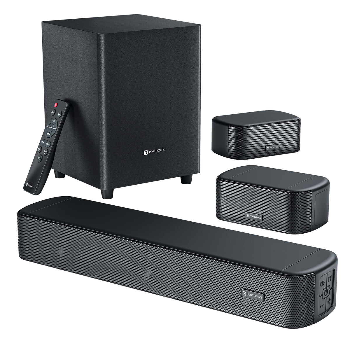 portronics pure sound pro x2 5.1 soundbar with subwoofer | complete five point one channel surround system combining central soundbar wired deep bass subwoofer dual satellite speakers and handheld remote | upgrading living room television acoustics into a fully immersive home cinema theater setup | best soundbar with wired subwoofer for tv in india