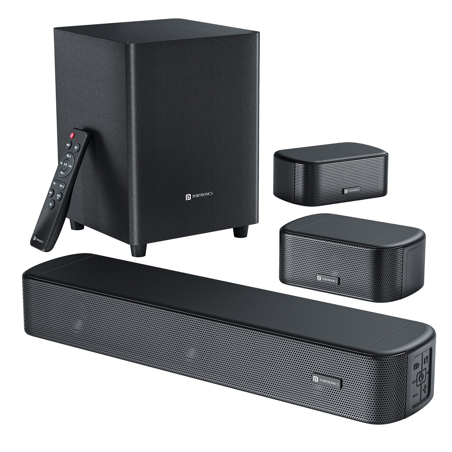 portronics pure sound pro x2 complete 5.1 home theatre | soundbar with wired subwoofer dual satellite speakers and ir remote | full home audio system setup for movies music and gaming | best soundbar under 10000 with complete 5.1 channel speaker package