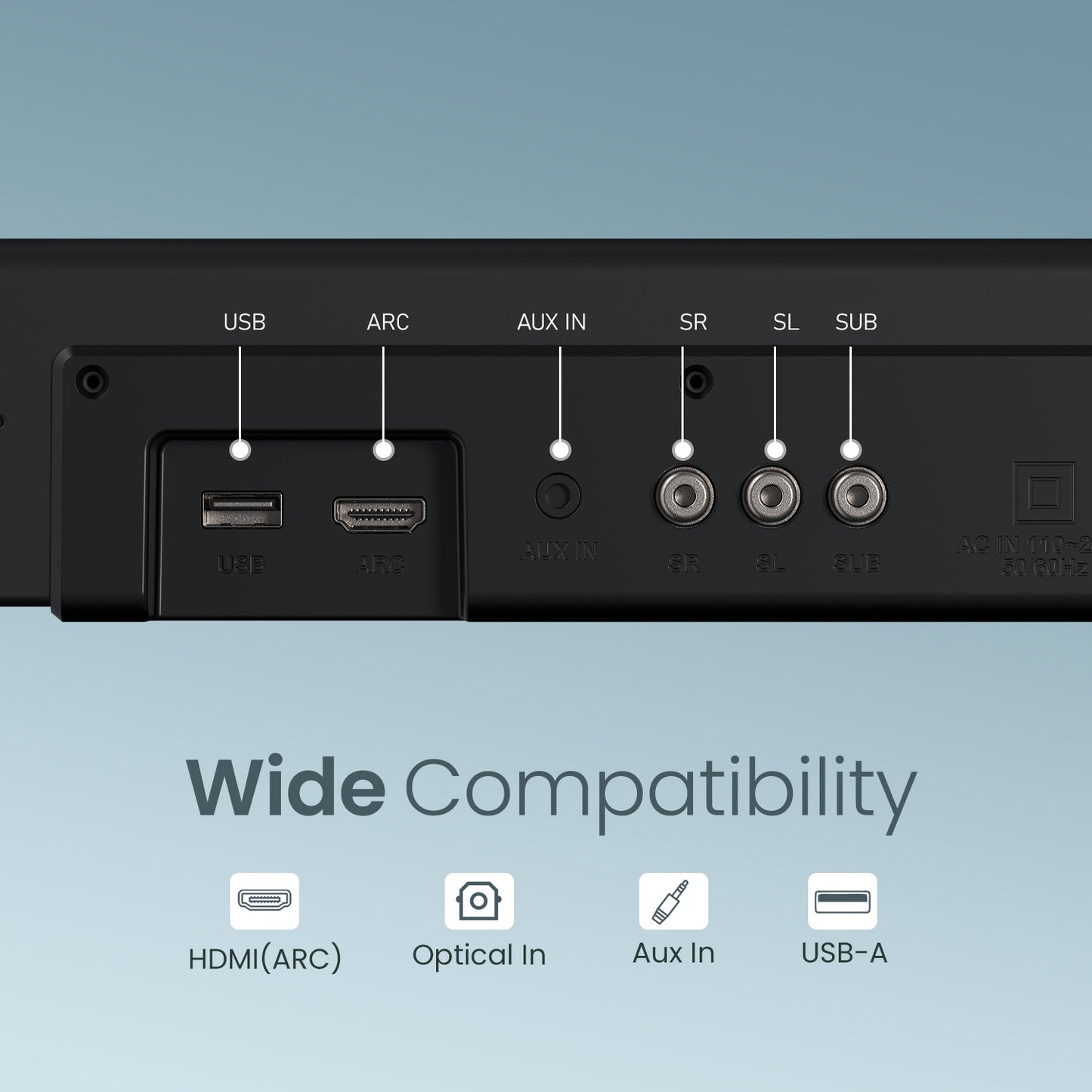 portronics pure sound pro x2 hdmi arc optical aux and usb connectivity panel | tv sound bar with wide input compatibility for gaming consoles laptops and smart tvs | hdmi arc soundbar with optical in and aux for multi-device home audio system | best soundbar in india with hdmi arc optical aux and usb-a wide compatibility