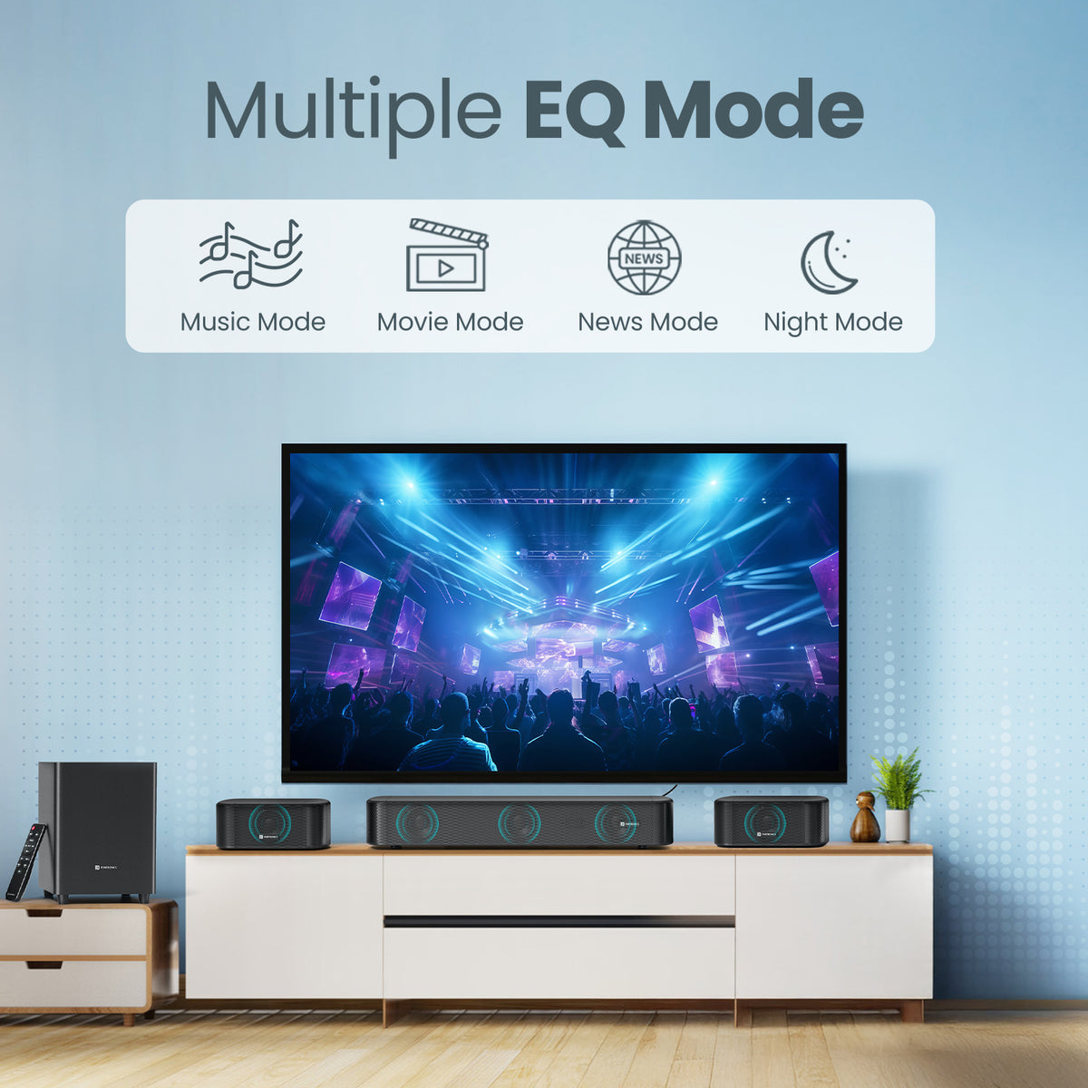 portronics pure sound pro x2 tv soundbar | versatile equalizer digital sound processor featuring custom audio profiles for movies music news broadcasts and night listening | optimizing speech dialogue clarity during late night television viewing without disturbing sleeping household members | tv sound bar with multiple eq modes and night mode audio