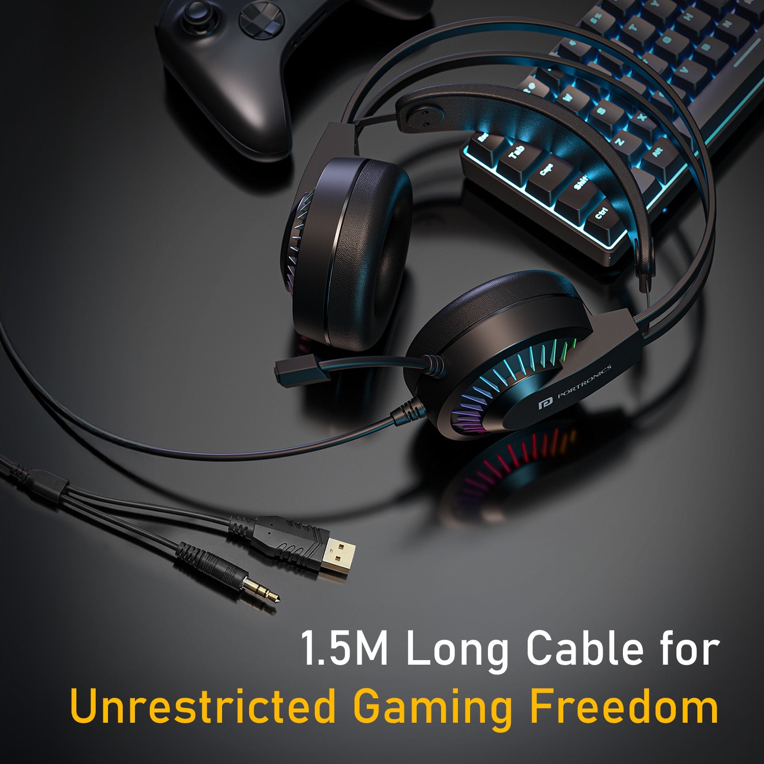 portronics ravn durable 1.5m braided cable wired headset | aux headphone with in-line volume control | wired gaming headphone with universal usb-a and 3.5mm aux connectivity for android, iphone and laptop