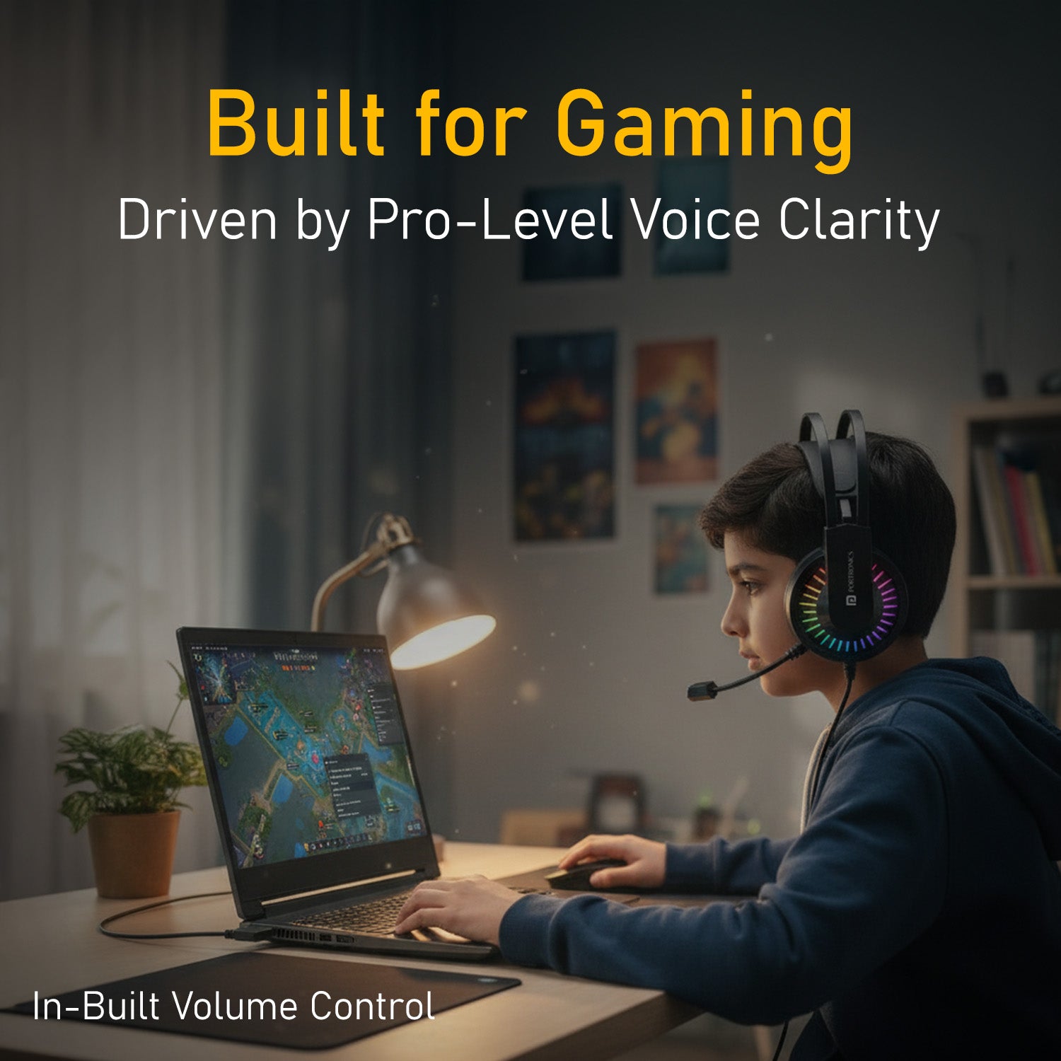 portronics ravn wired gaming headphone in gaming setup | over ear headphones with adjustable headband and hd quality boom mic | gaming headphones with mic for pc and laptop best headphones under 5000