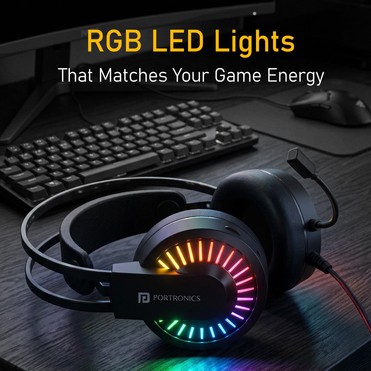 portronics ravn rgb led lights over ear headphones | immersive wired gaming headphone with colorful led earcups | best gaming headphones under 5000 for music, gaming and movies on android and iphone
