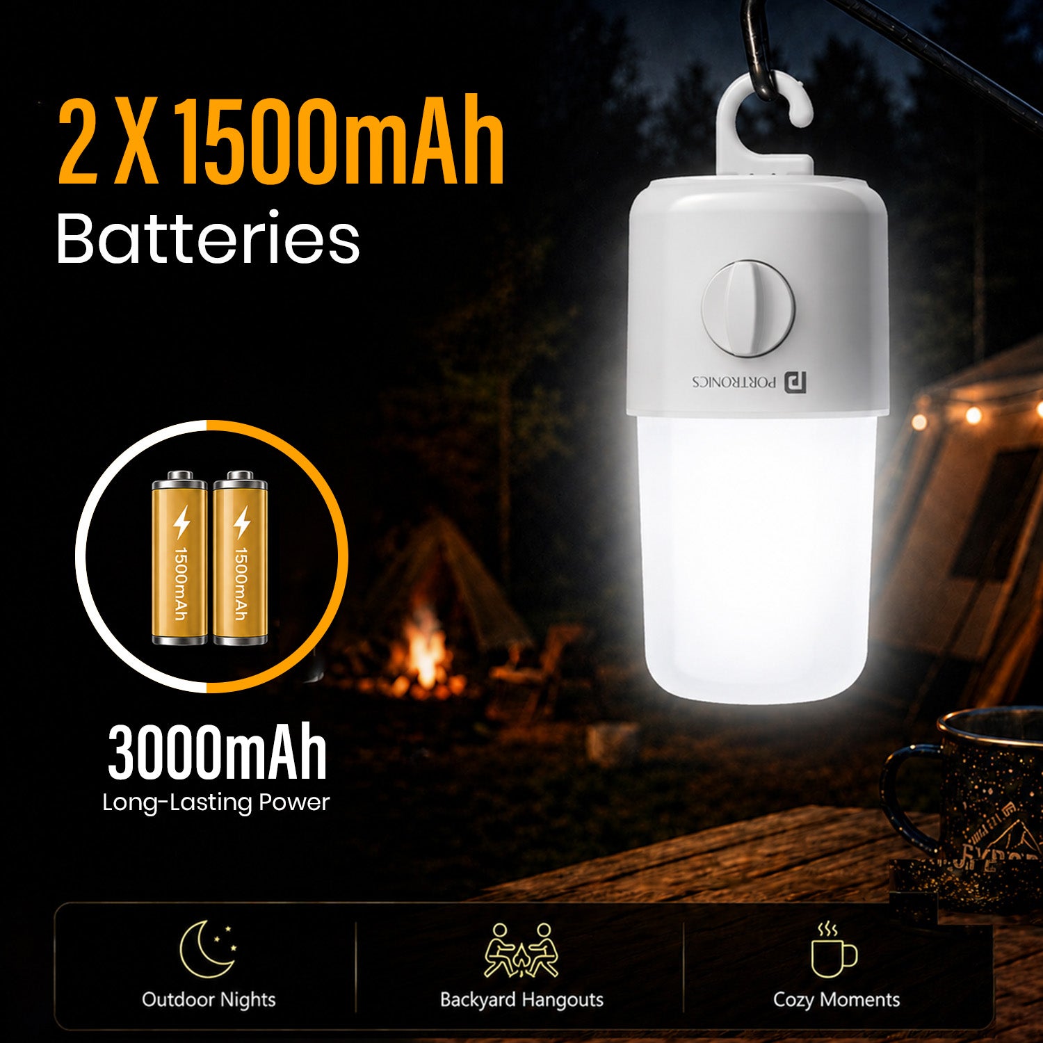 portronics ray x 3000mah led lamp | dual internal rechargeable batteries packing 3000mah combined energy capacity long backup led lamp | all night illumination during outdoor campfire gatherings and backyard parties outdoor led lamp | how long does a 3000mah led lamp run on a single charge