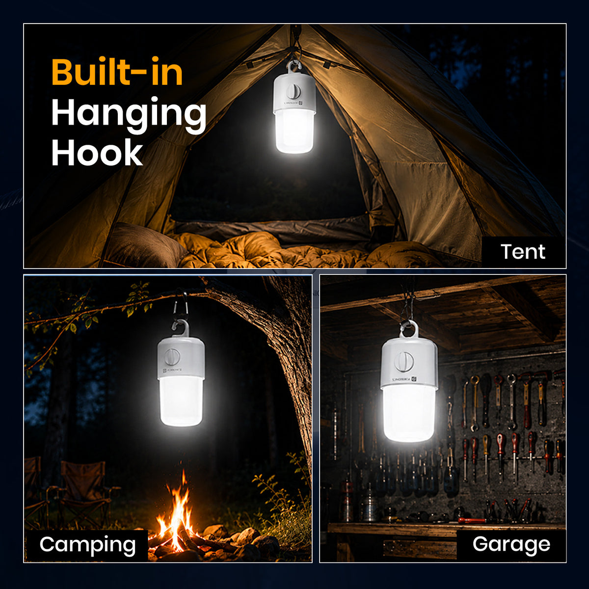 portronics ray x led lamp with hook | integrated fold-out top suspension hook for versatile hanging options hanging led lamp | hands free overhead lighting in garages tree branches and campsite canopies camping light | best hanging led lamp with built-in hook for outdoor camping and workshop