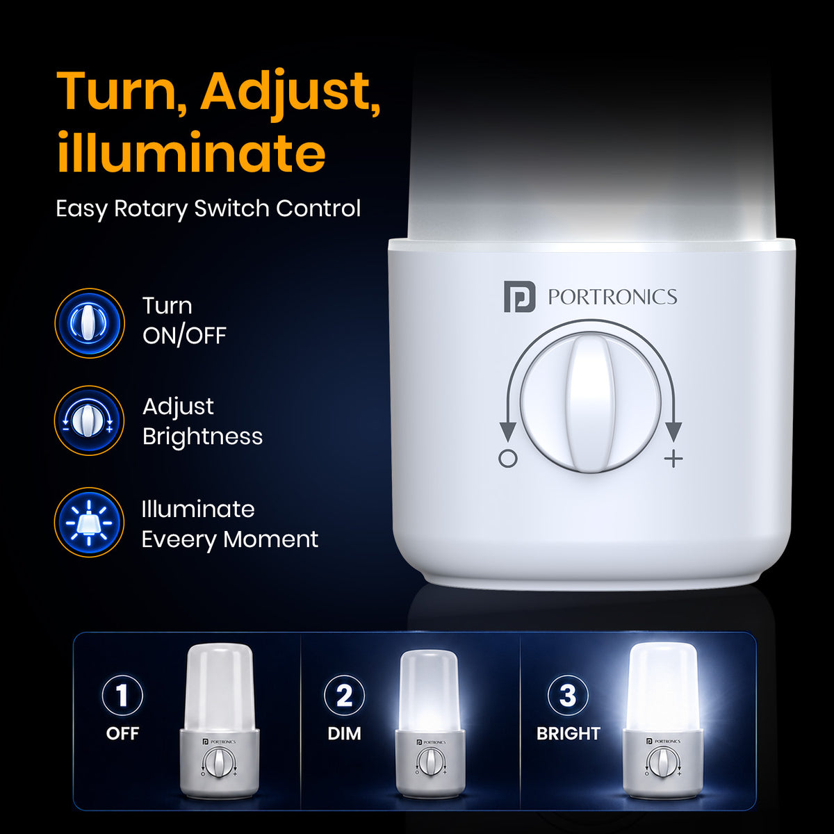portronics ray x rotary switch lamp | seamless stepless rotary dimmer dial transitioning from dim ambient to bright output bright led lamp | fine tuning light intensity for reading or relaxed lounging battery powered lamp | how to use rotary switch lamp to adjust brightness levels