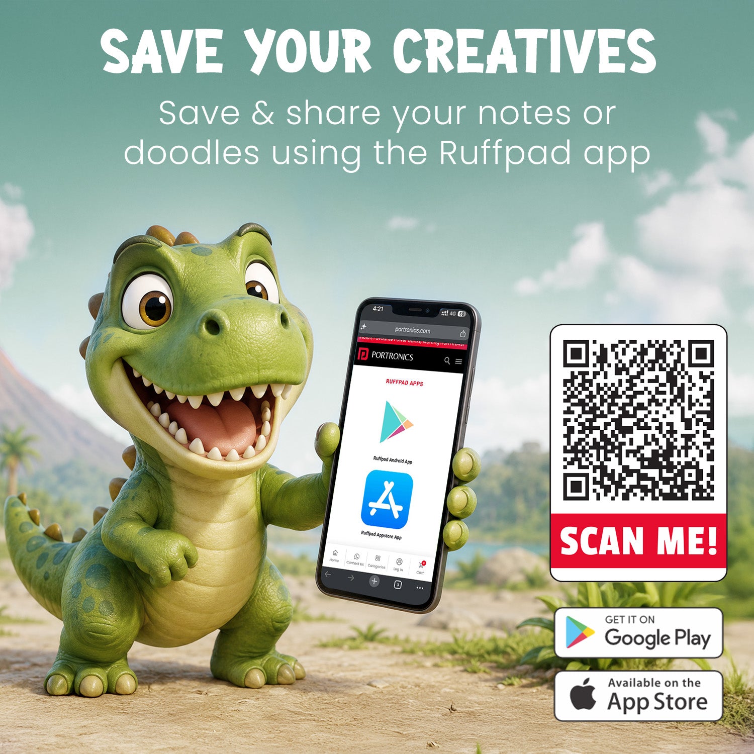 portronics ruffpad dino 8.5 app-connected kids drawing board | lcd writing tablet with ruffpad app to save and share doodles | digital writing pad for kids with companion app on android and ios | best lcd drawing board for kids with doodle saving app
