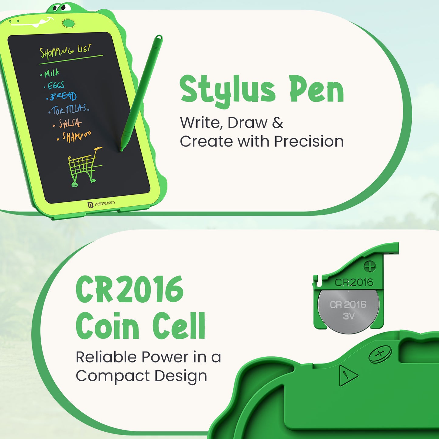 portronics ruffpad dino 8.5 digital writing pad with stylus | cr2016 coin cell powered kids drawing board with precision stylus pen | portable writing pad with long-lasting replaceable battery | best digital writing tablet with stylus and cr2016 battery