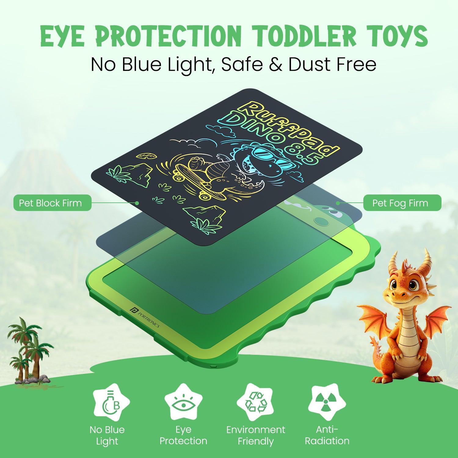 portronics ruffpad dino 8.5 eye-safe lcd tablet | no blue light eye protection writing pad safe for toddlers | kids drawing board with dust-free and eye-safe lcd screen | best eye protection lcd writing tablet for toddlers