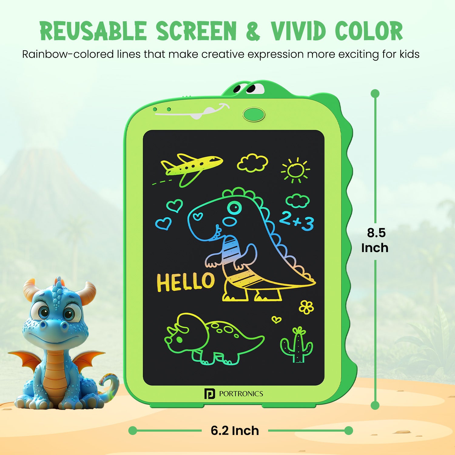 portronics ruffpad dino 8.5 inch writing pad reusable screen | vivid multicolor lcd writing tablet with 8.5 inch drawing surface | reusable eco-friendly writing pad for kids with colorful display | best 8.5 inch reusable lcd writing pad for kids