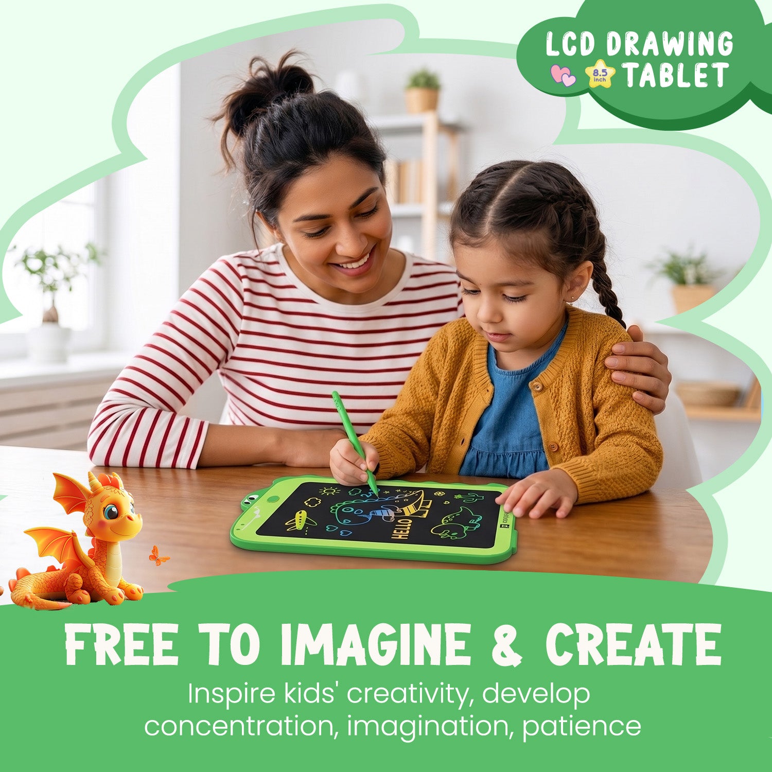 portronics ruffpad dino 8.5 kids writing tablet | lcd drawing board inspiring creativity and imagination in children | educational toy for kids to draw write and learn | best lcd writing pad for kids learning and creativity