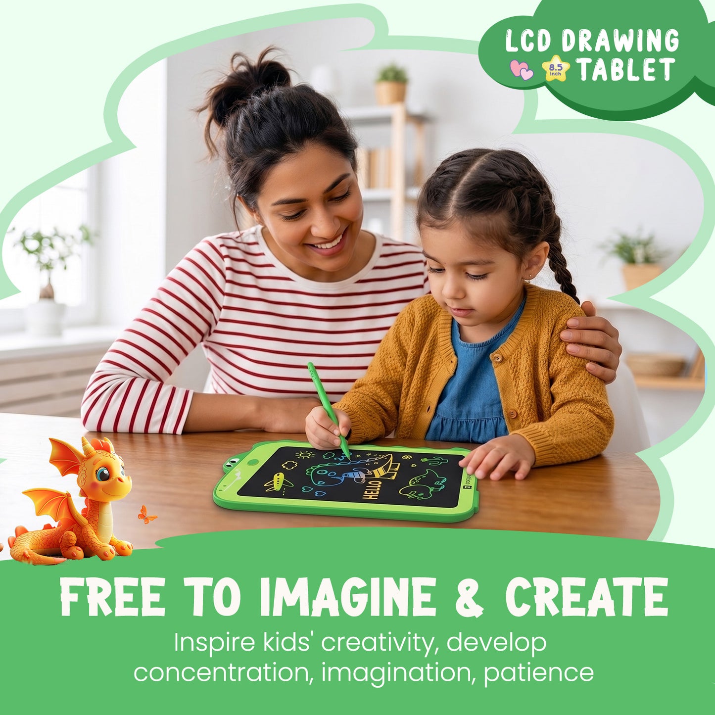 portronics ruffpad dino 8.5 kids writing tablet | lcd drawing board inspiring creativity and imagination in children | educational toy for kids to draw write and learn | best lcd writing pad for kids learning and creativity