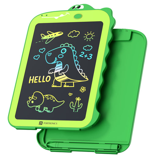 portronics ruffpad dino 8.5 lcd writing tablet | dinosaur shaped kids drawing board with vivid multicolor lcd screen | reusable writing pad for kids with dino design | best dinosaur writing pad for kids