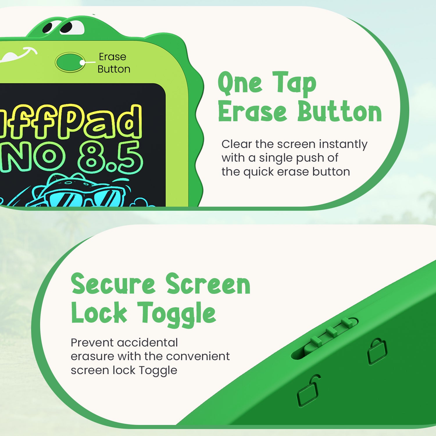 portronics ruffpad dino 8.5 one tap erase button lcd pad | kids writing tablet with screen lock toggle and instant erase function | digital writing pad for kids with mess-free one-tap clear button | best lcd writing pad with erase button and screen lock for kids
