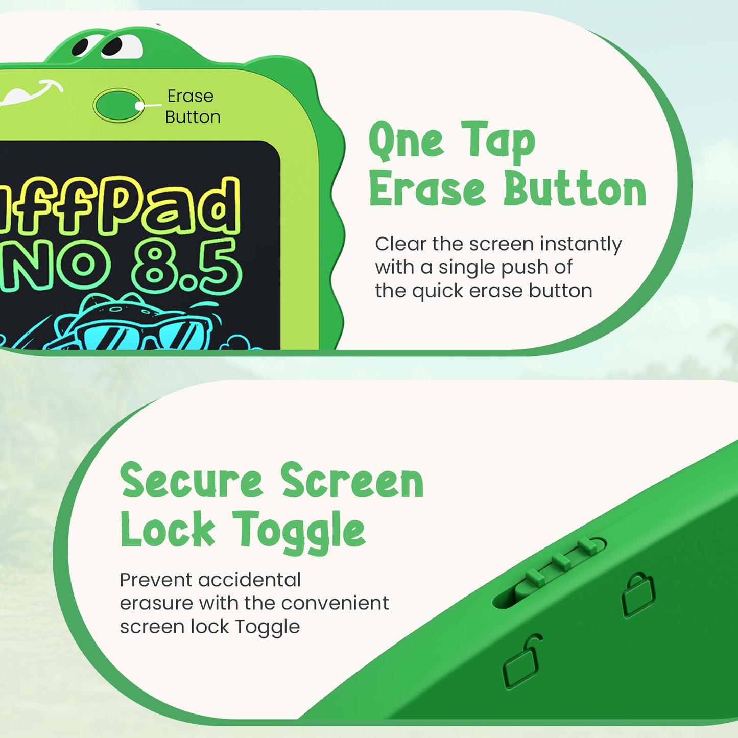 portronics ruffpad dino 8.5 one tap erase button lcd pad | kids writing tablet with screen lock toggle and instant erase function | digital writing pad for kids with mess-free one-tap clear button | best lcd writing pad with erase button and screen lock for kids