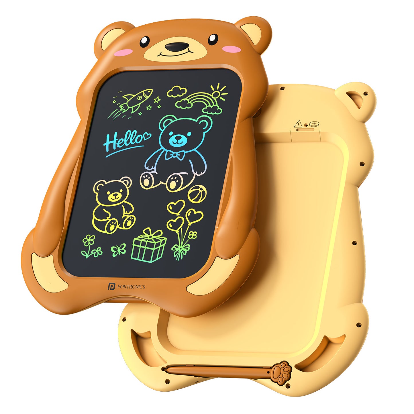 portronics ruffpad teddy 8.5 8.5 inch writing pad | teddy bear shape body design with rear stylus pen dock drawing tablet for kids | creative sketching and handwriting practice learning tablet for kids | best electronic writing tablet for children online
