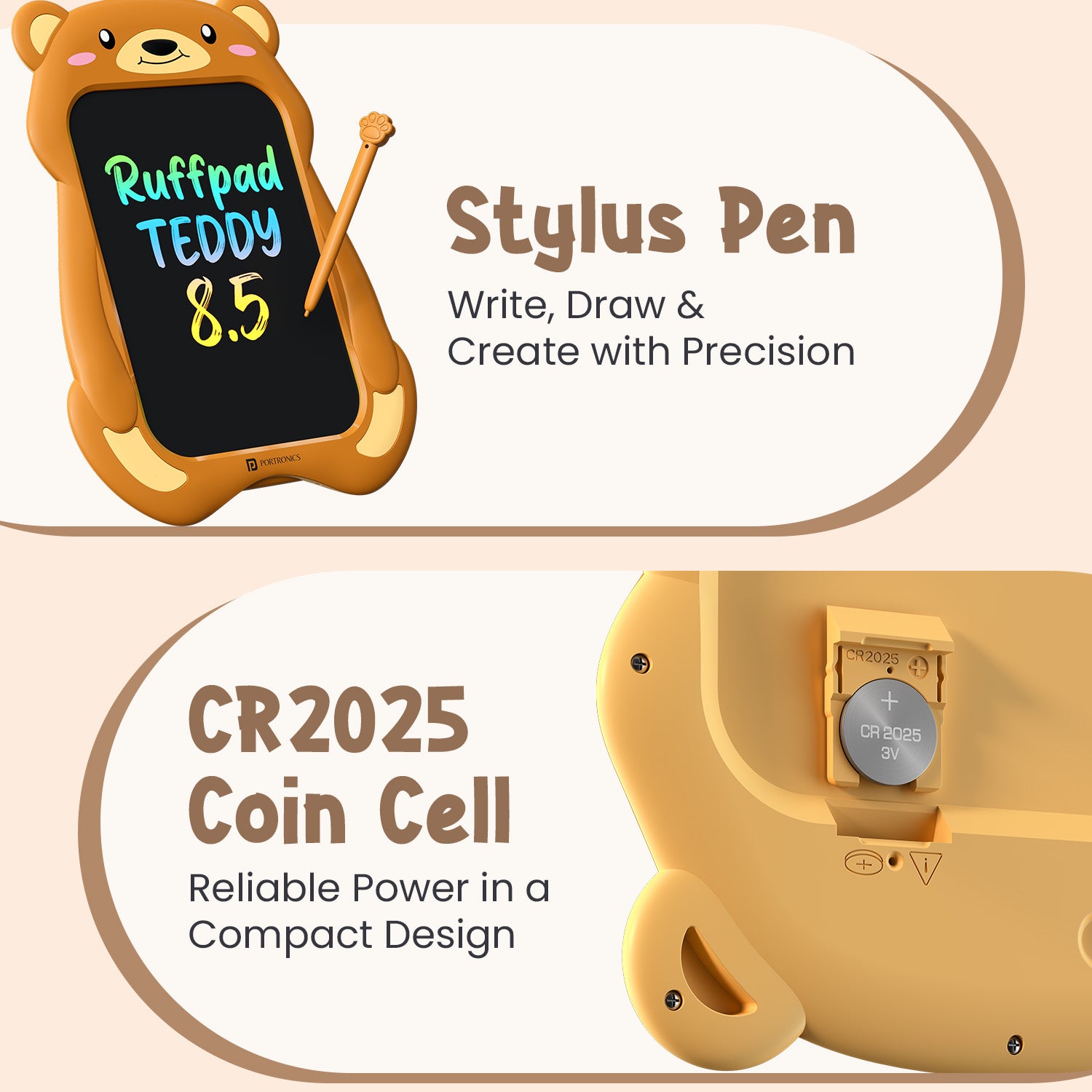 portronics ruffpad teddy 8.5 writing pad | precision writing stylus pen and replaceable cr2025 coin cell battery e-writer pad | long lasting power for drawing and note taking lcd drawing board | portronics lcd writing pad price online