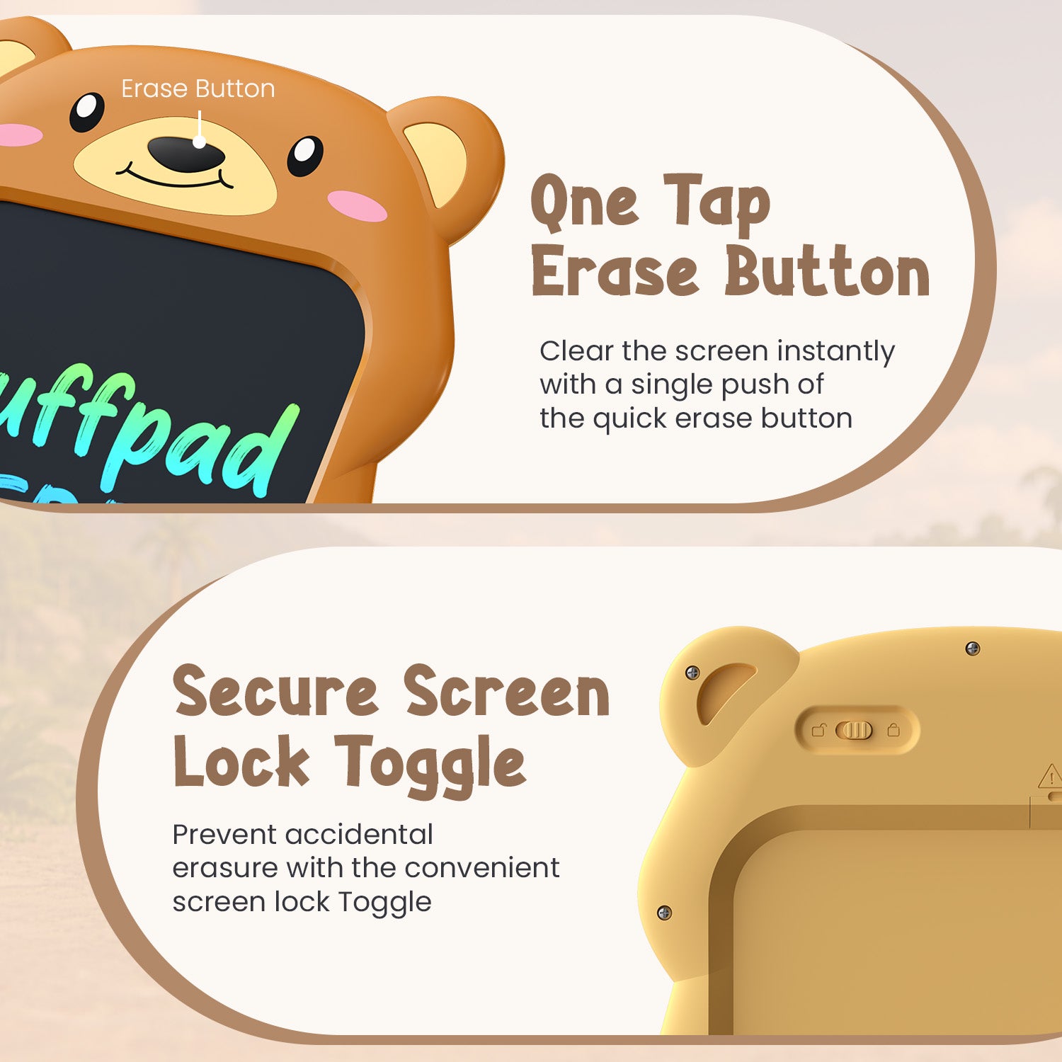 portronics ruffpad teddy 8.5 eco-friendly writing tablet | one tap erase button and accidental erasure lock toggle switch re-writable lcd pad | instant screen clearing and artwork protection kids writing tablet | best reusable writing pad for students
