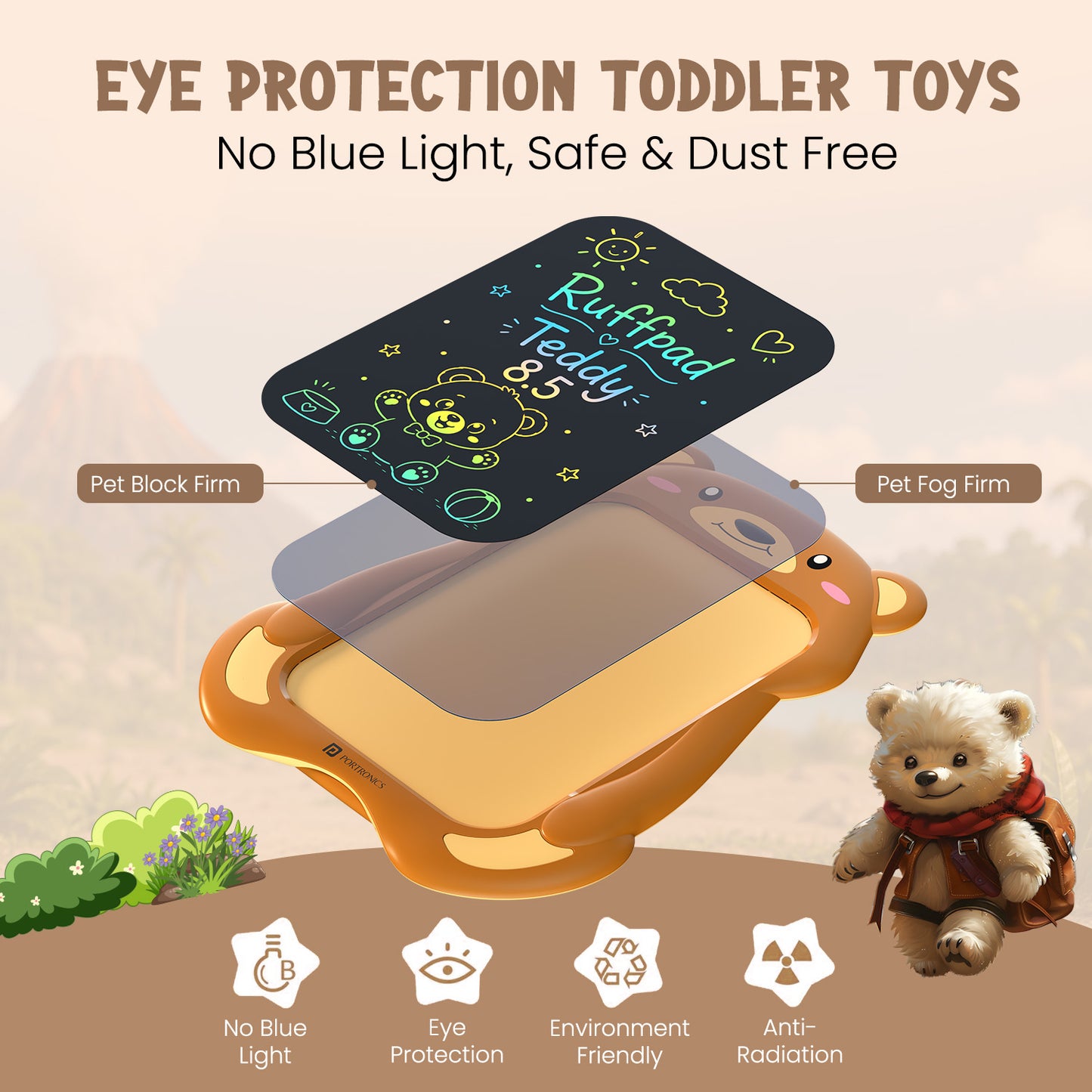 portronics ruffpad teddy 8.5 eye-safe lcd tablet | glare free radiation safe screen panel digital writing pad for students | protecting toddler eyes during long learning sessions educational toy | eye safe digital writing tablet for kids