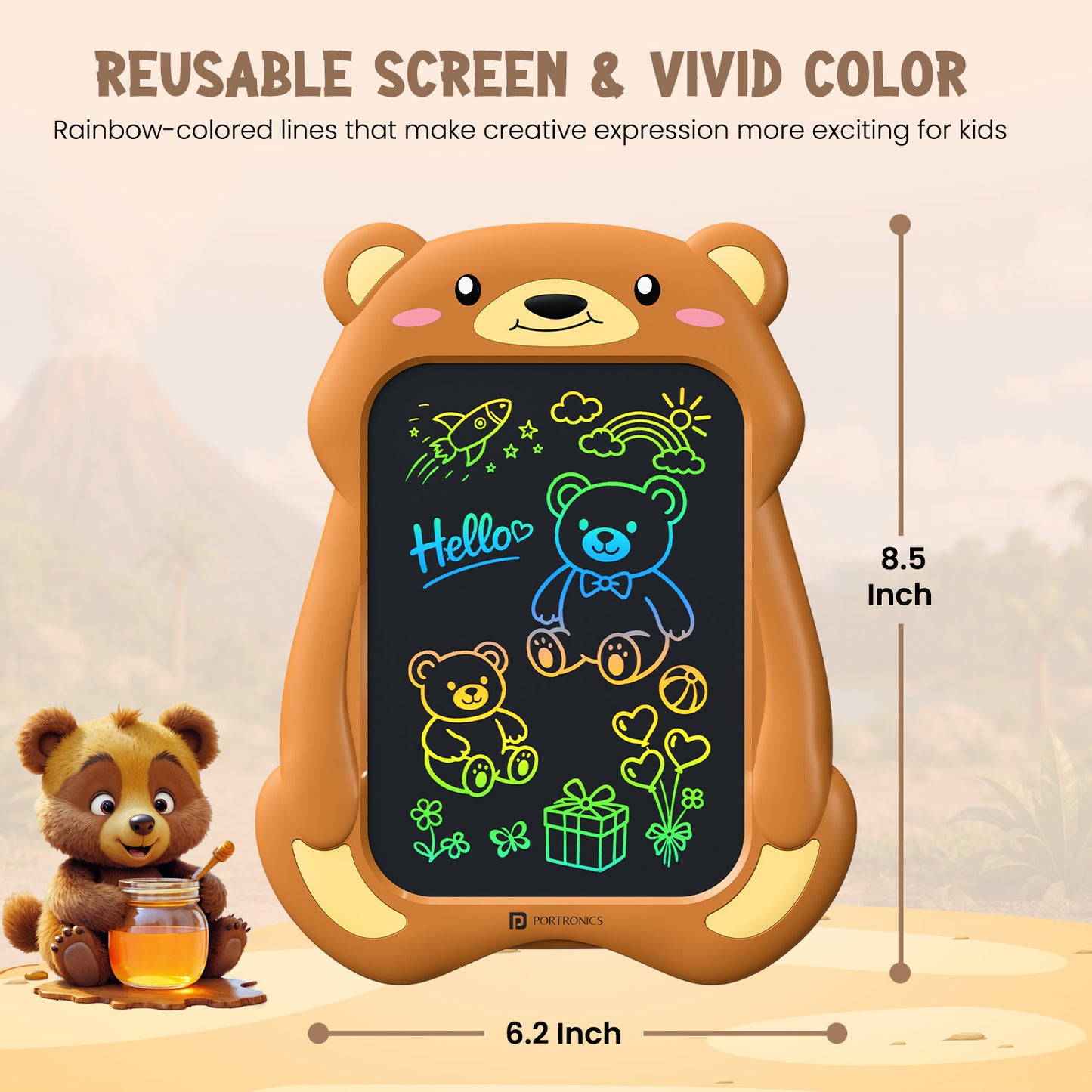 portronics ruffpad teddy 8.5 lcd writing tablet | reusable vivid rainbow stroke screen surface with 8.5 inch dimensions lcd writing screen | paperless creative expression and drawing practice writing pad for students | best 8.5 inch writing pad for learning
